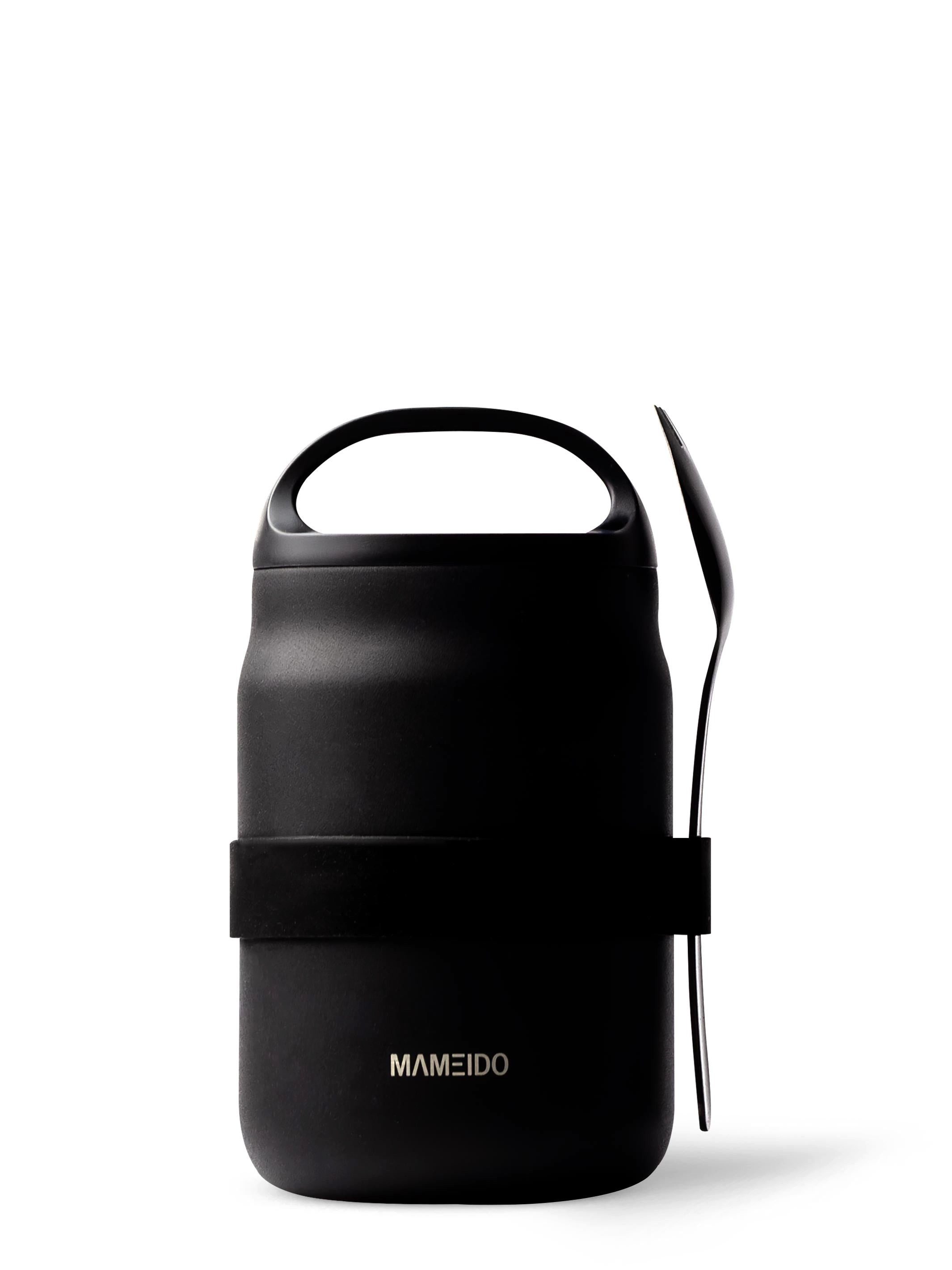 MAMEIDO Thermobehälter, Edelstahl, Kunststoff, Silikon, mit Deckel, integriertem Henkel & Gabel-Löffel-Besteck in 500 & 800 ml