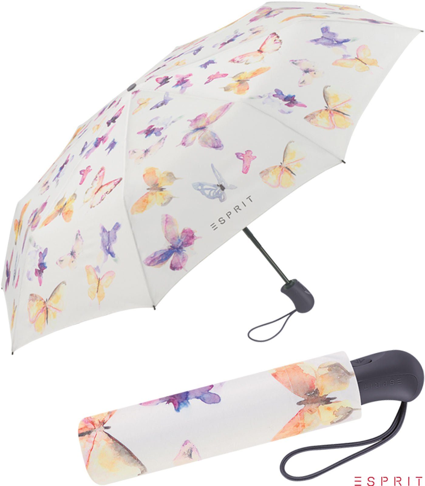 Esprit Langregenschirm Damen-Regenschirm Mini Automatik - Butterfly Dance, stabil-und-praktisch
