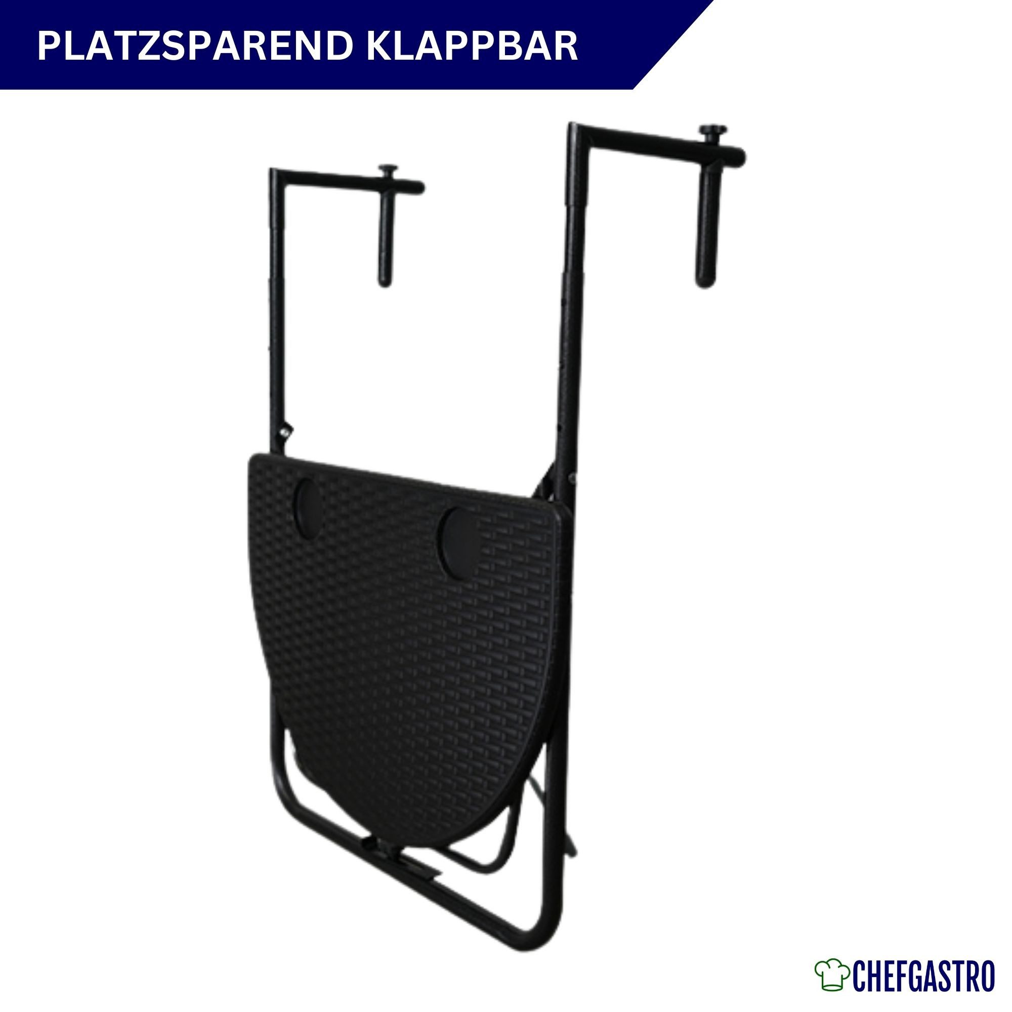 PROREGAL® Balkonhängetisch Balkontisch klappbar 60x40cm Rattan Optik Schwarz Metall Kunststoff, Wetterfester, 3-fach höhenverstellbarer Balkontisch zum Hängen – Bild 5 von 5