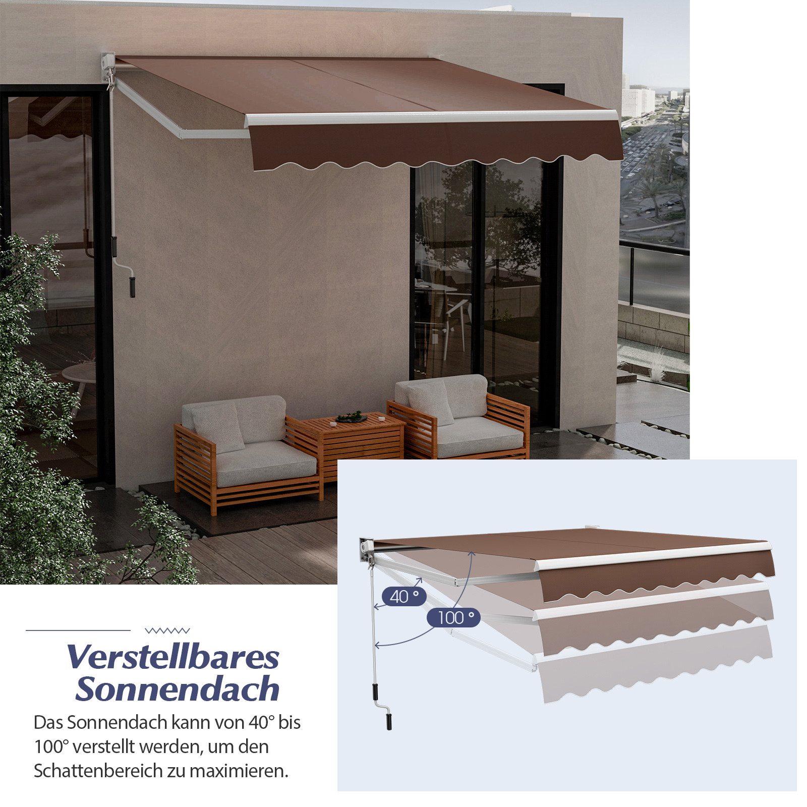 COSTWAY Gelenkarmmarkise mit Aluminiumrahmen & -kurbel, günstig online kaufen