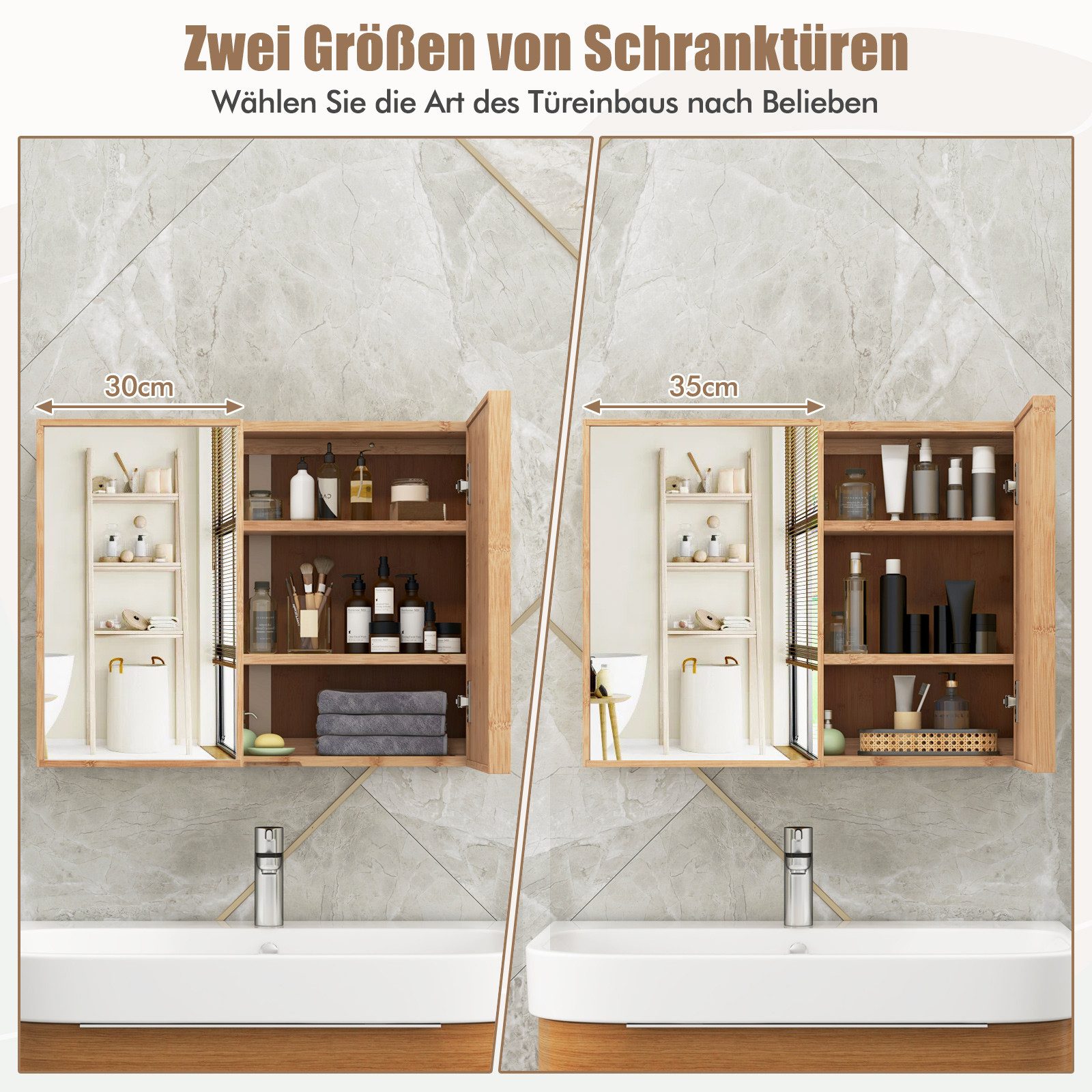 COSTWAY Spiegelschrank Bambus, mit 2 Türen, 2 verstellbaren Regalen, 65cm