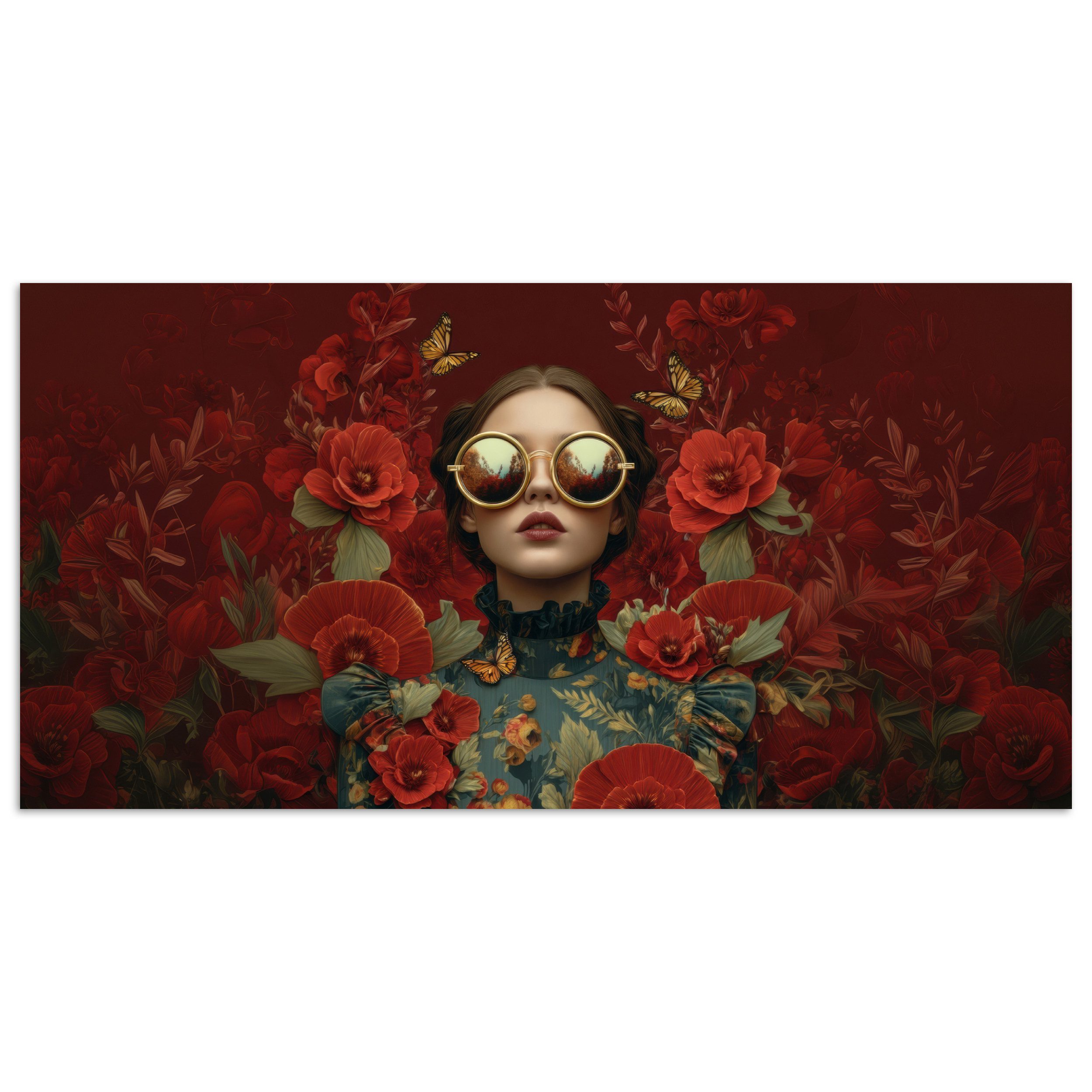 MuchoWow Poster Blumen - Tiefrot - Sonnenbrille - Frau, (1 St), Bild für Wohnzimmer, Wandposter ohne Rahmen, Wanddeko, 150x75 cm