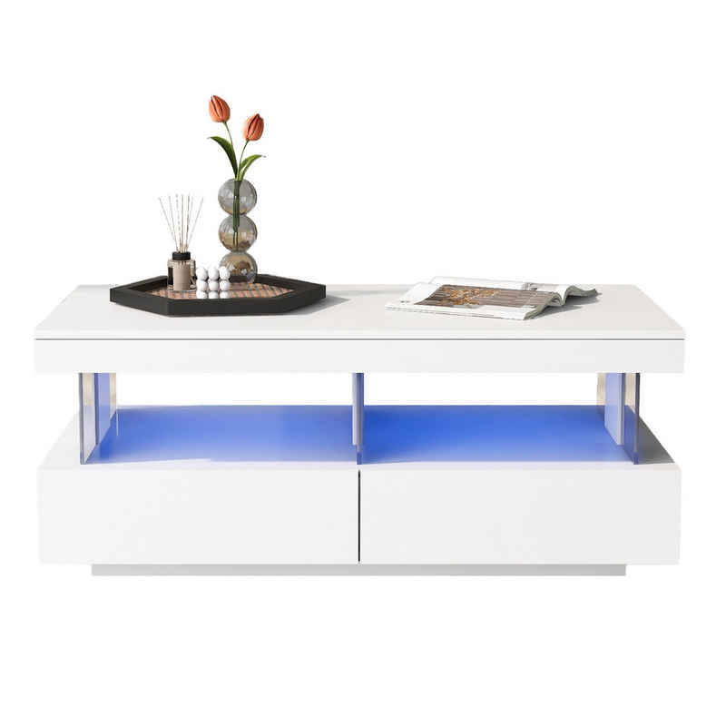 EXTSUD Couchtisch moderner Hochglanz-Sofatisch,kratzfeste und glatte Tischplatte, LED-Beleuchtung, Hochglanzoberfläche, sechs Glasplatten