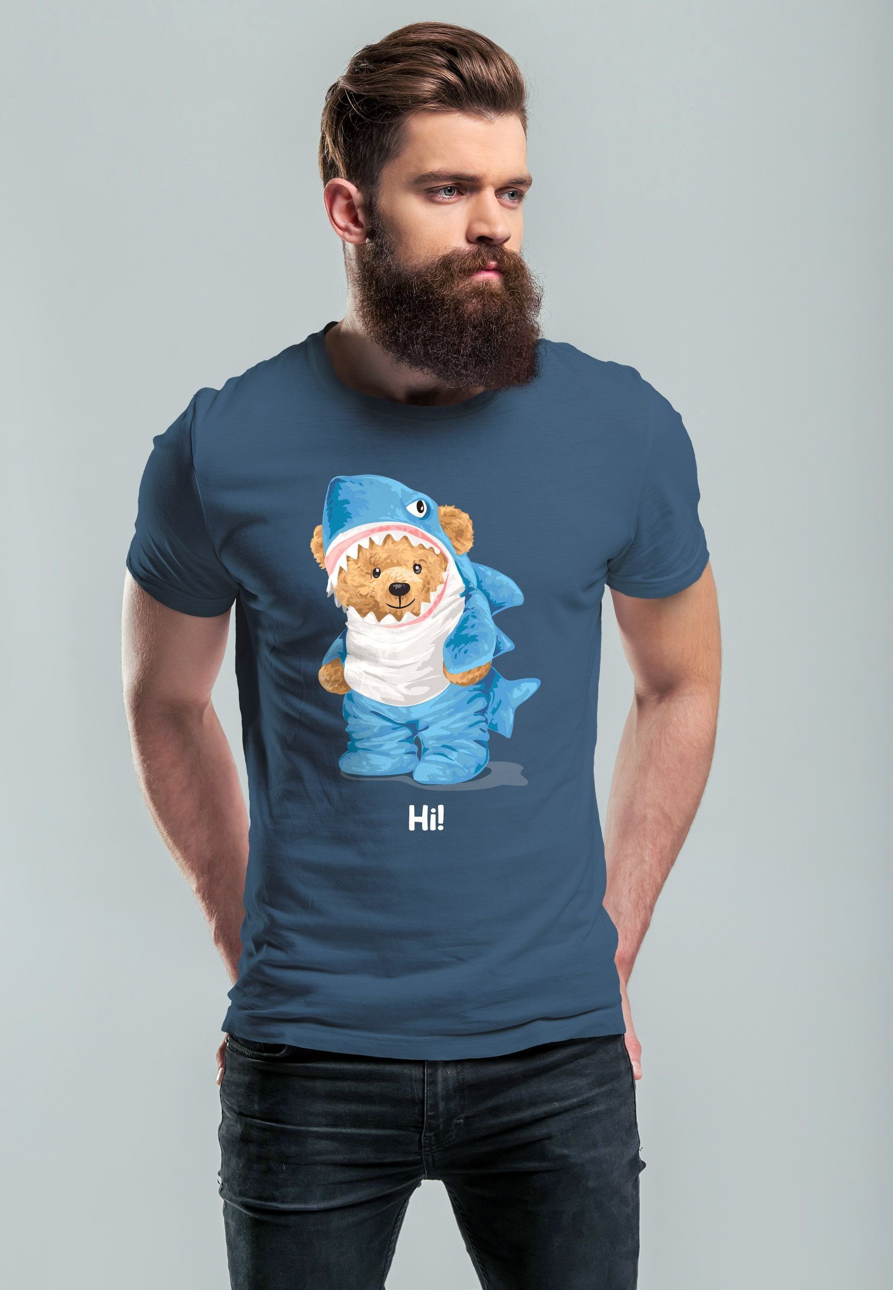 blue Parodie Print-Shirt Aufdruck Printshirt Bär Herren Witz mit Fashi Hai T-Shirt Neverless denim Print Hi Teddy