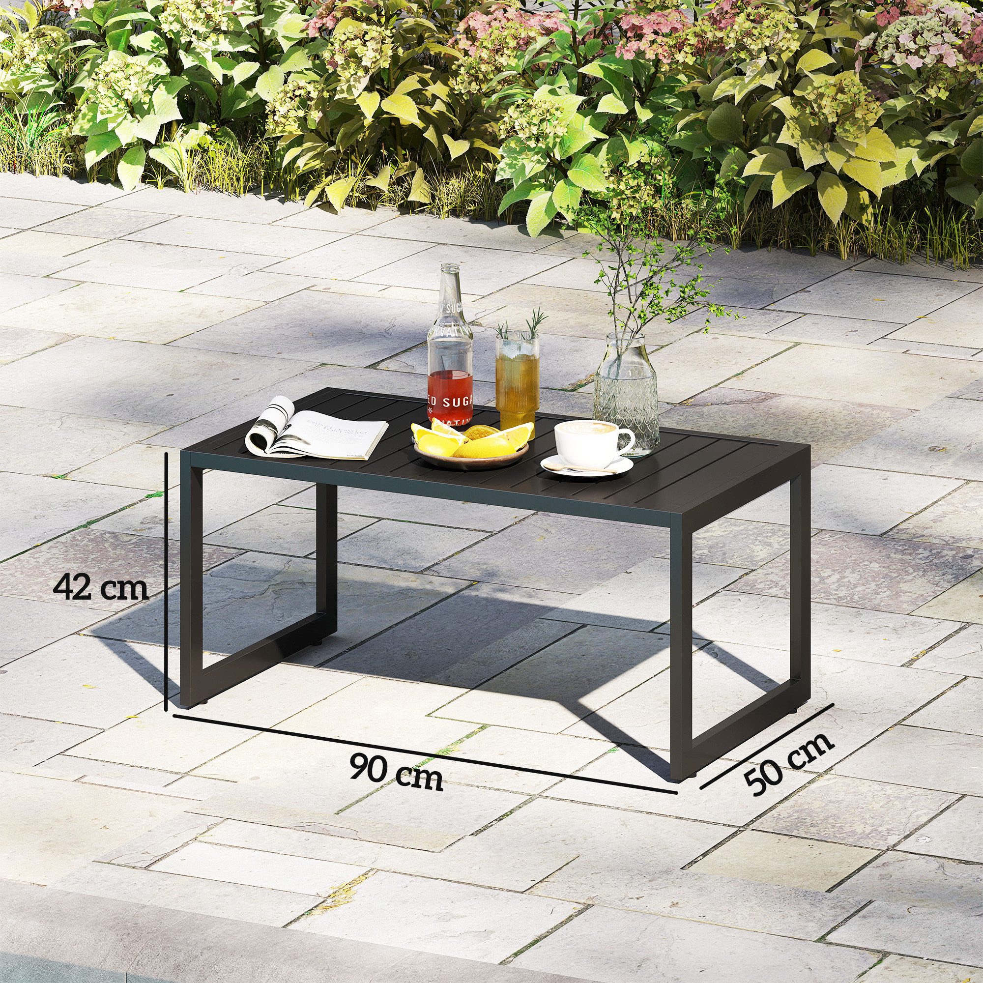 Outsunny Beistelltisch mit Lamellendesign, wetterfest (Beistelltisch, 1-St., Balkontisch aus Aluminium), für Balkon, Garten, Terrasse, 90 x 50 x 42 cm Schwarz