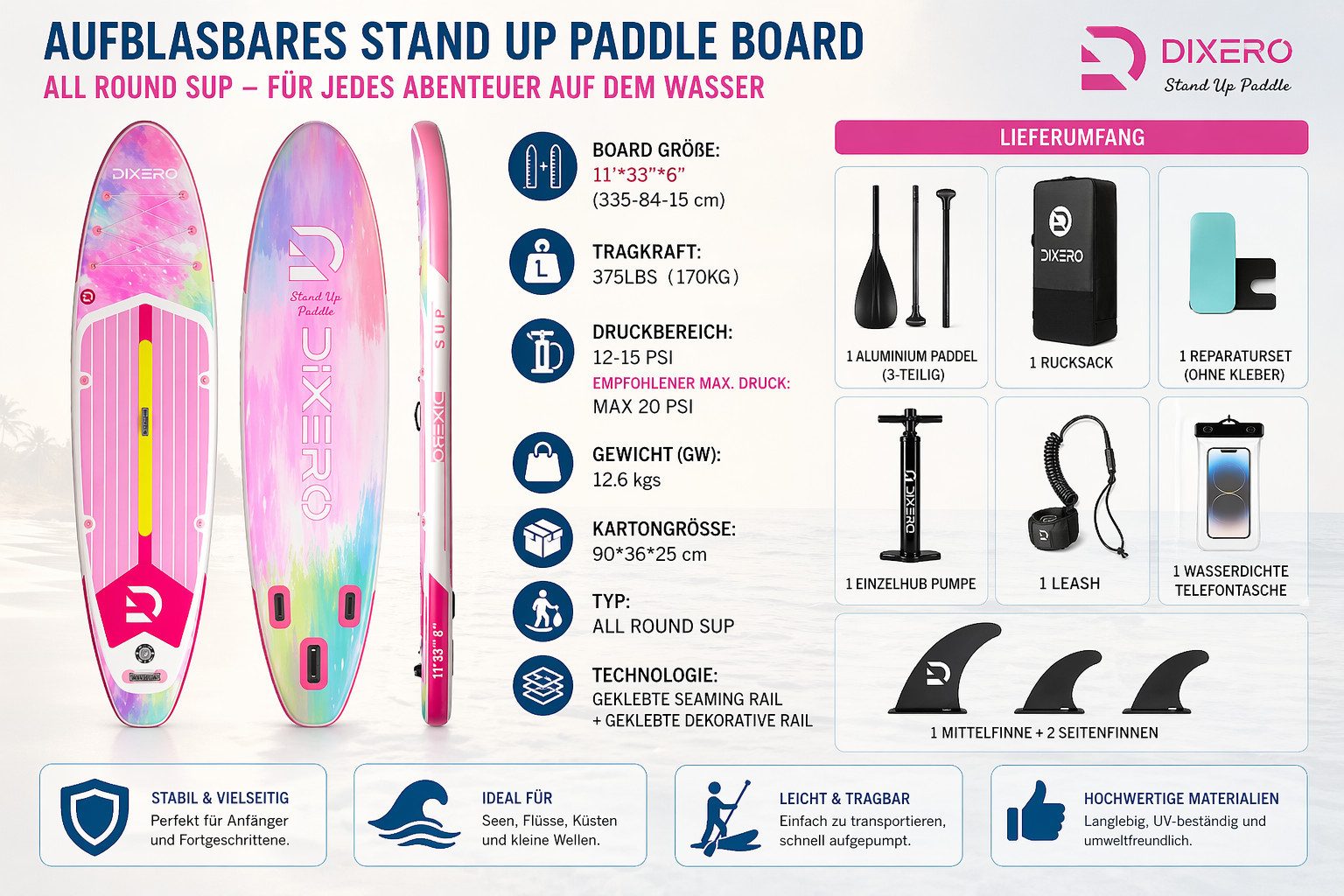 COIL SUP-Board Aufblasbares SUP Board Set – Stand Up Komplettset, (Set, mit Paddel, mit Pumpe), wasserdichte Handytasche, Stabil, Leicht, Zubehör