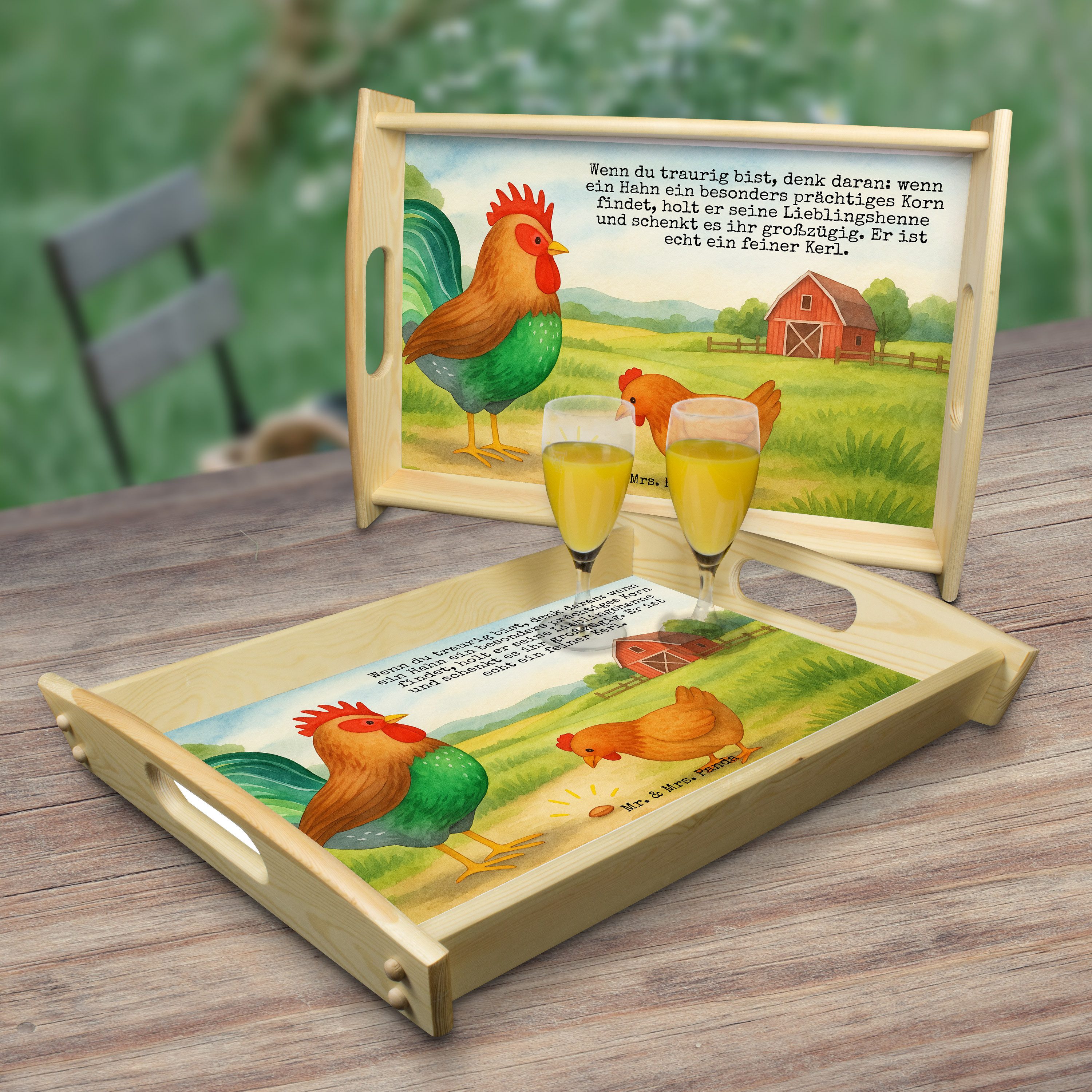 Mr. & Mrs. Panda Tablett Hahn Korn Design, Servier Tablett, Weiß, Tablett, aus holz, Servierta, Echtholz lasiert, (Packung, 1-tlg)