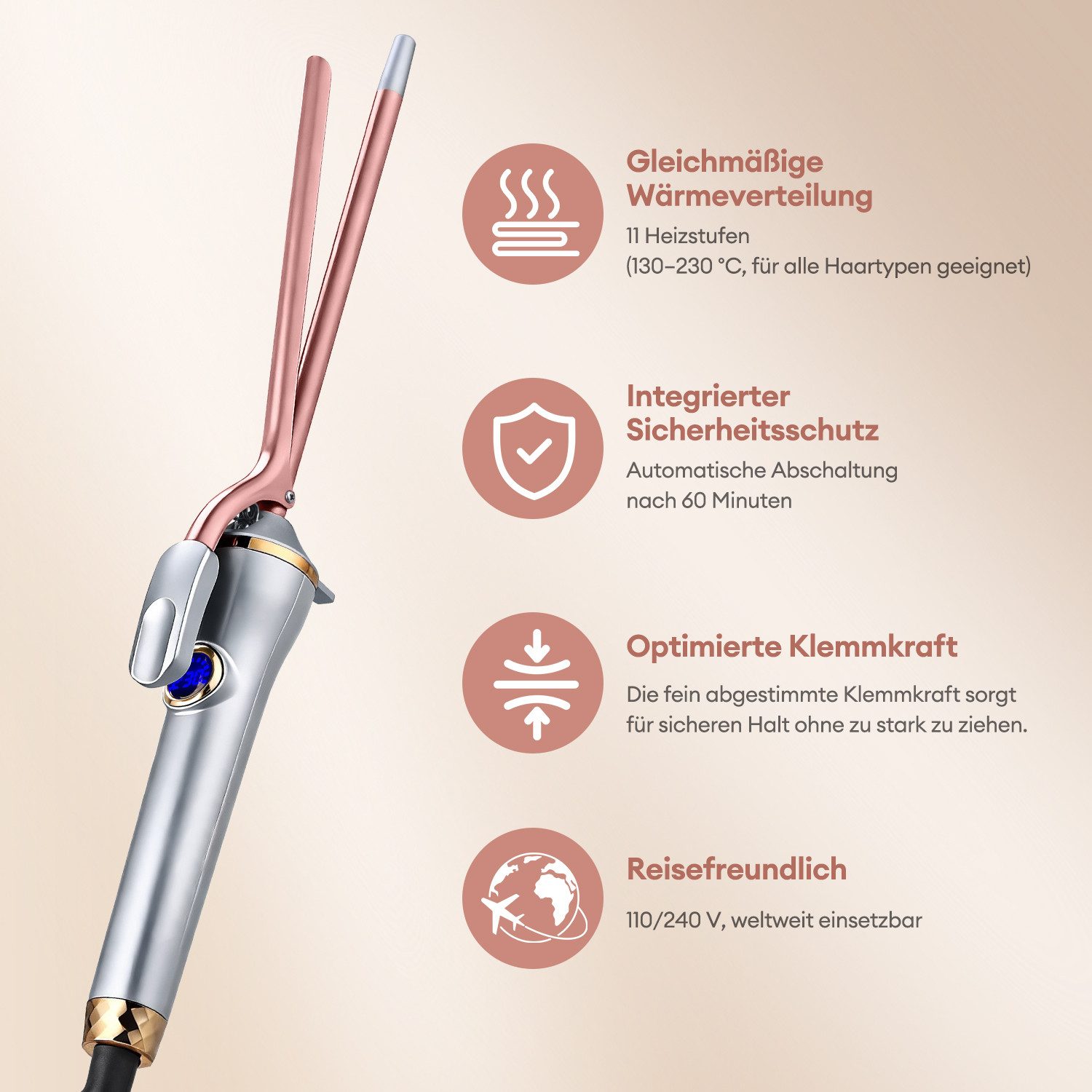 CkeyiN Lockenstab 9mm Lockendreher 130-230℃ mit LED-Anzeige Verbrühungsschutzklemmen, Turmalin-Keramik-Beschichtung, 30S schnelles Erhitzen zur Flauschiges lock – Bild 5 von 5