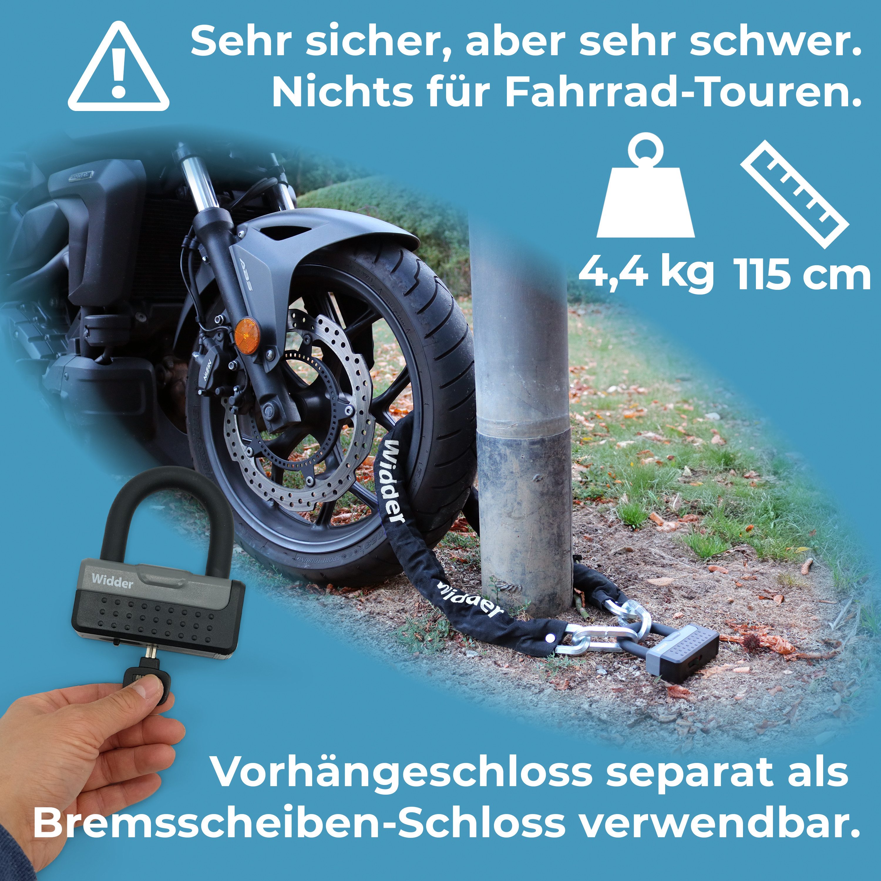 Widder Kettenschloss Motorrad [Titan-Stahl Level 15] sicheres Motorradschloss [4 Schlüssel], 115cm lang • 11mm Massiv-Stahl • Motorrad Moped E-Bike Fahrrad Scoo – Bild 4 von 5