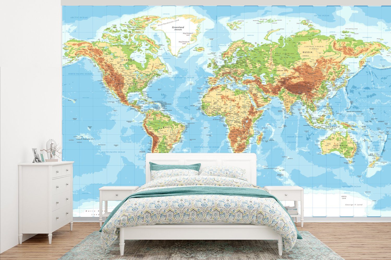 MuchoWow Fototapete Weltkarte - Atlas - Topographie, Matt, bedruckt, (7 St), Montagefertig Vinyl Tapete für Wohnzimmer, Wandtapete