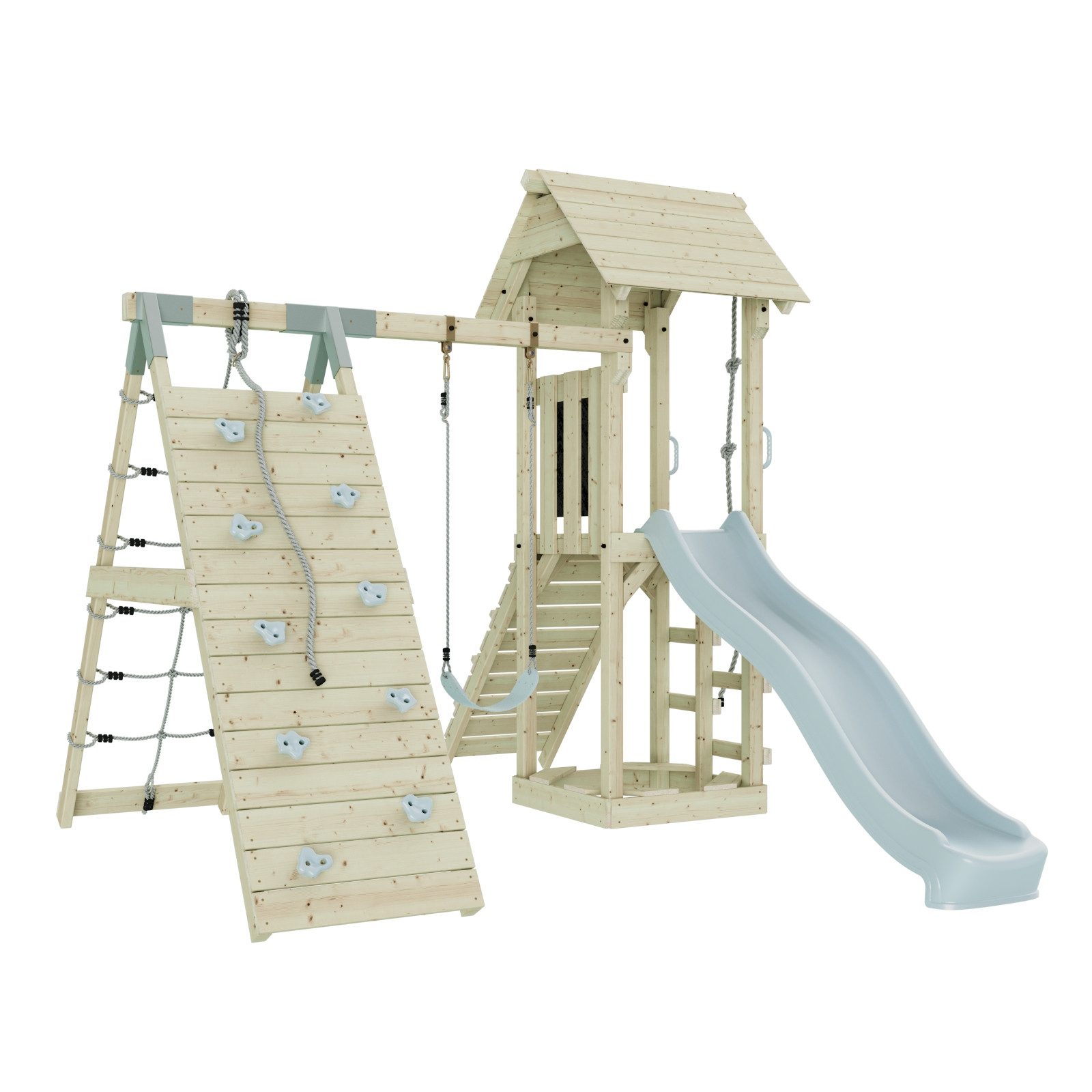OutdoorToys Spielturm Trondheim, aus Holz in Eisblau mit Kinderschaukel & Rutsche, Kletterwand