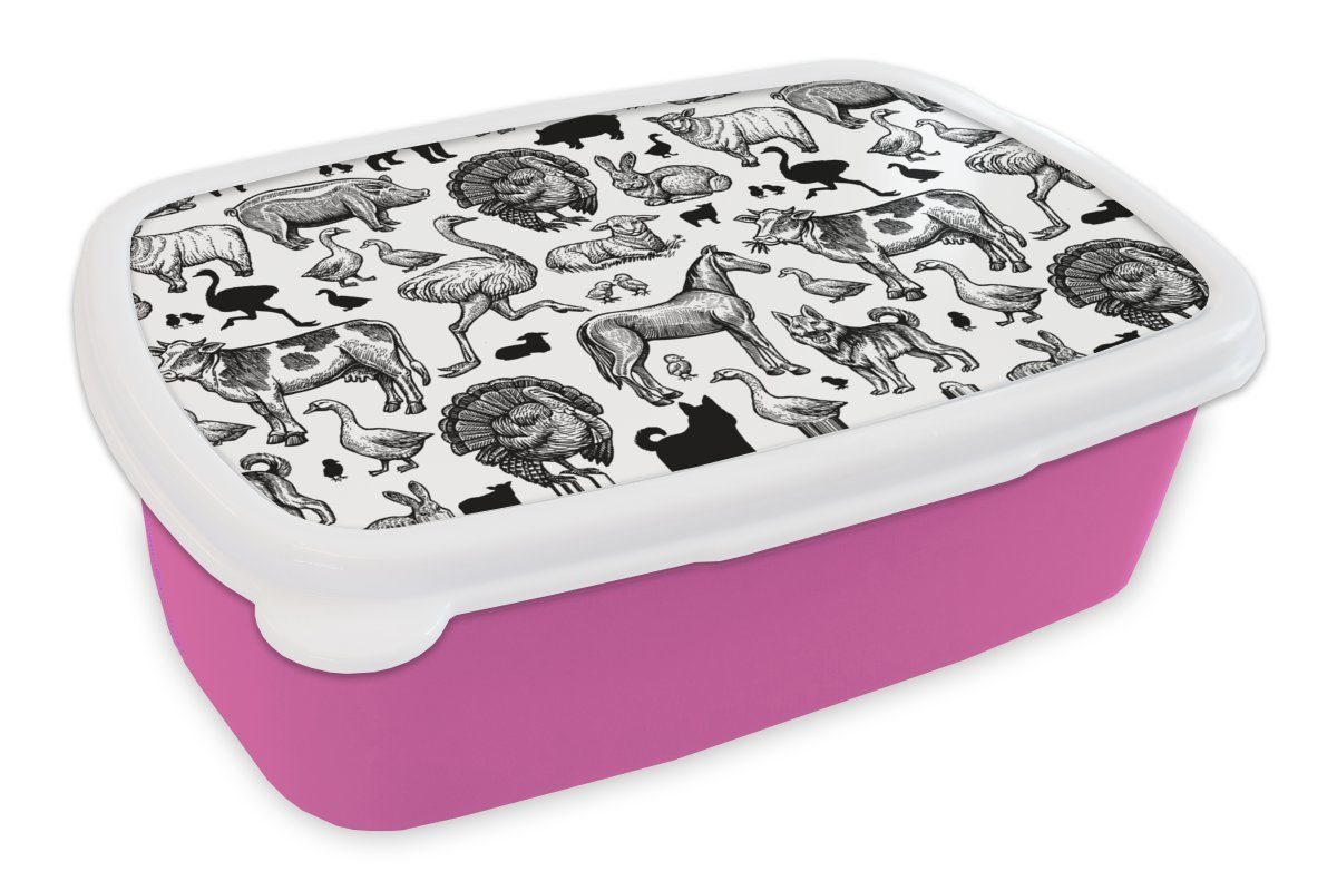 MuchoWow Lunchbox Muster - Tiere - Schwarz und weiß, Kunststoff, (2-tlg), Brotbox für Erwachsene, Brotdose Kinder, Snackbox, Mädchen, Kunststoff rosa