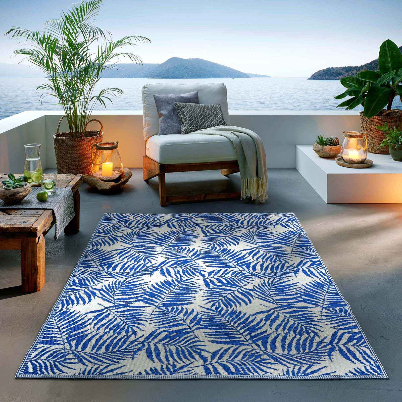 Teppich Outdoor & Indoor Teppich, TaCa Home, rechteckig, Höhe: 3 mm, Terrasse Balkon Garten Wohnzimmer Küche, Weiß - 80 x 150 cm Blau-Weiß Palmenblätter