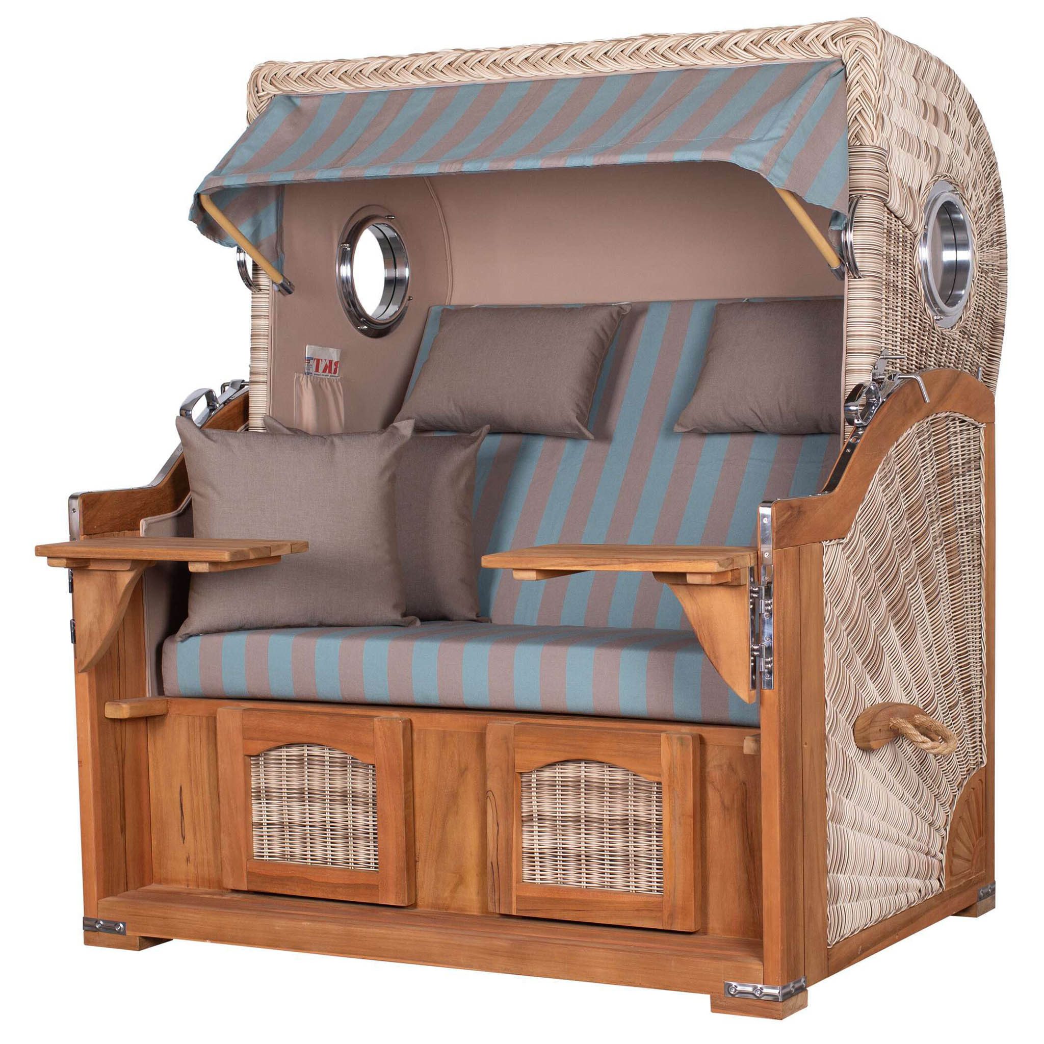 bene living Strandkorb Ammersee Grande XL 2,5-Sitzer Teak - PE shell - Modell 520, BxTxH: 142x95x165 cm, Volllieger, Ostsee-Strandkorb, (Strandkorb-Komplettset, 5-tlg., Strandkorb inkl. Liftersystem und umfangreichem Zubehör), mit Windschutzfolie, Bistrotischen und bequemer Polsterung