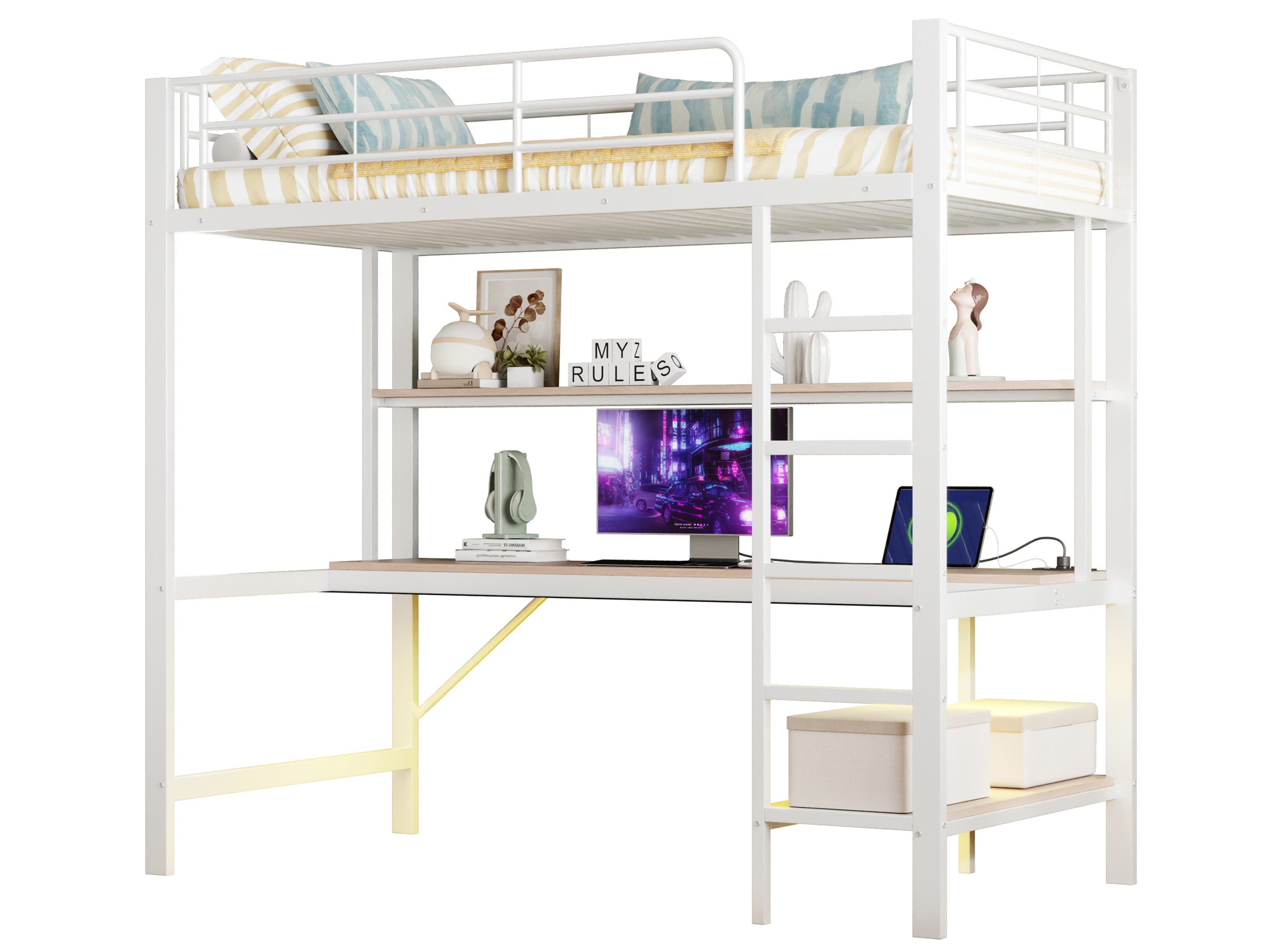 SeedWave Hochbett Vielseitige LED Hochbett Einzelbett mit Schreibtisch, 90/140 x 200cm Mit 2 Regalen, 5-Stufige vertikale Leiter