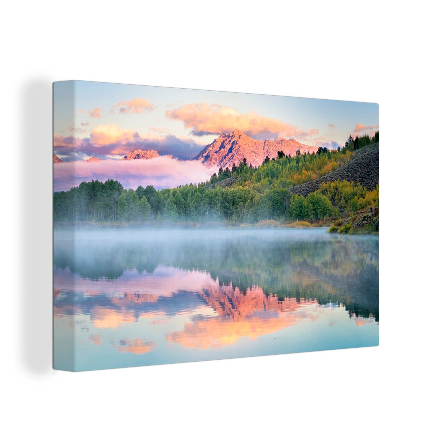 OneMillionCanvasses® Leinwandbild Farbenfroher Sonnenaufgang in den Teton Mountains und am Snake River, (1 St), Wandbild Leinwandbilder, Aufhängefertig, Wanddeko, 30x20 cm