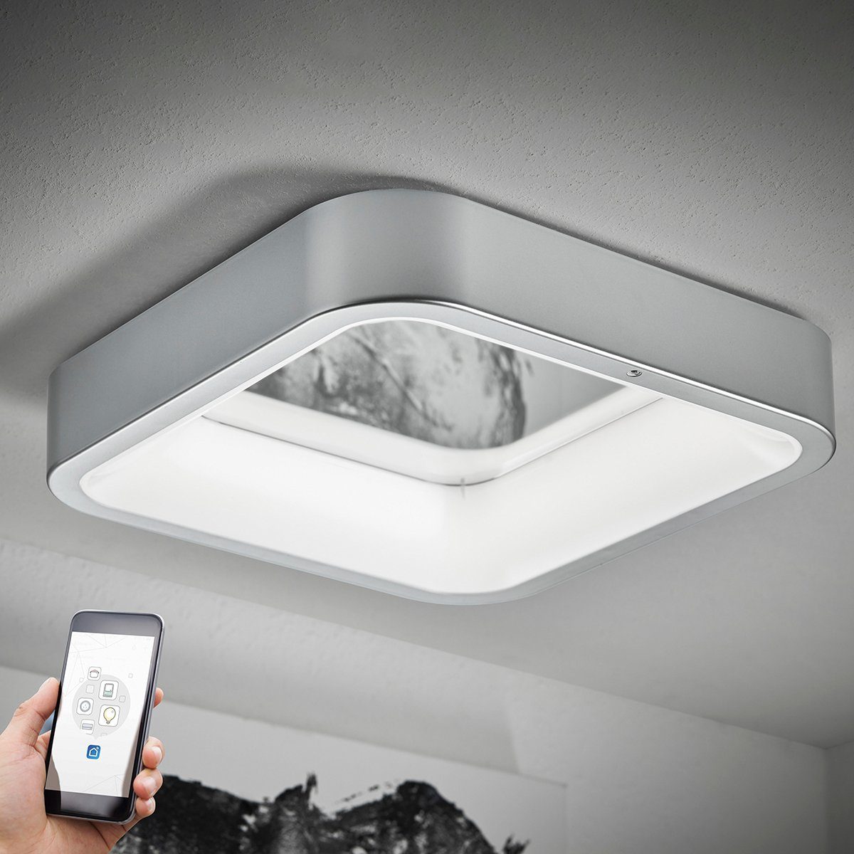 MeLiTec LED Deckenleuchte D111 Smart Home, LED fest integriert, warmweiß - kaltweiß, LED Leuchte Smart Home Deckenleuchte Wandlampe chrom-matt 35x35x8 cm