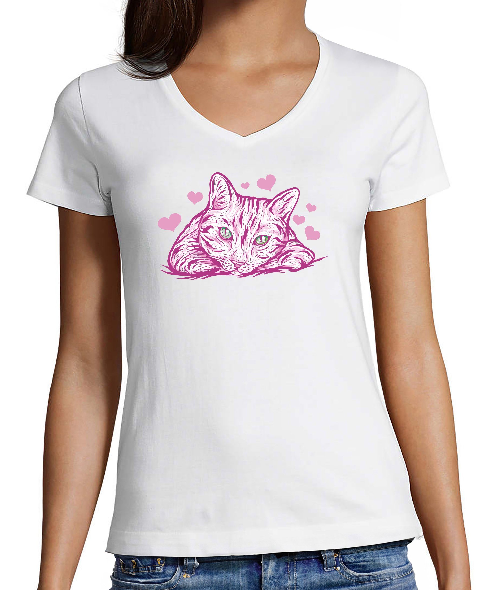 MyDesign24 T-Shirt Damen Katzen Print Shirt bedruckt - Pinke Katze mit Herzen Baumwollshirt mit Aufdruck, Slim Fit, i122 weiss