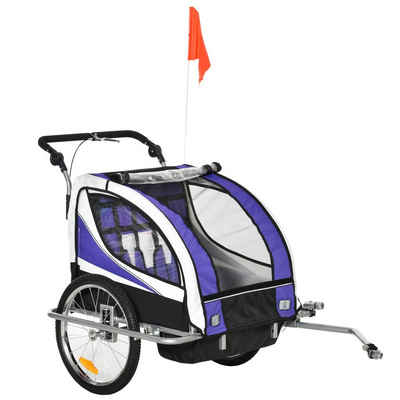 HOMCOM Fahrradkinderanhänger für 2 Kinder inkl. Reflektoren u. Fahne Blau+ Weiß + Schwarz, für 2 Kinder