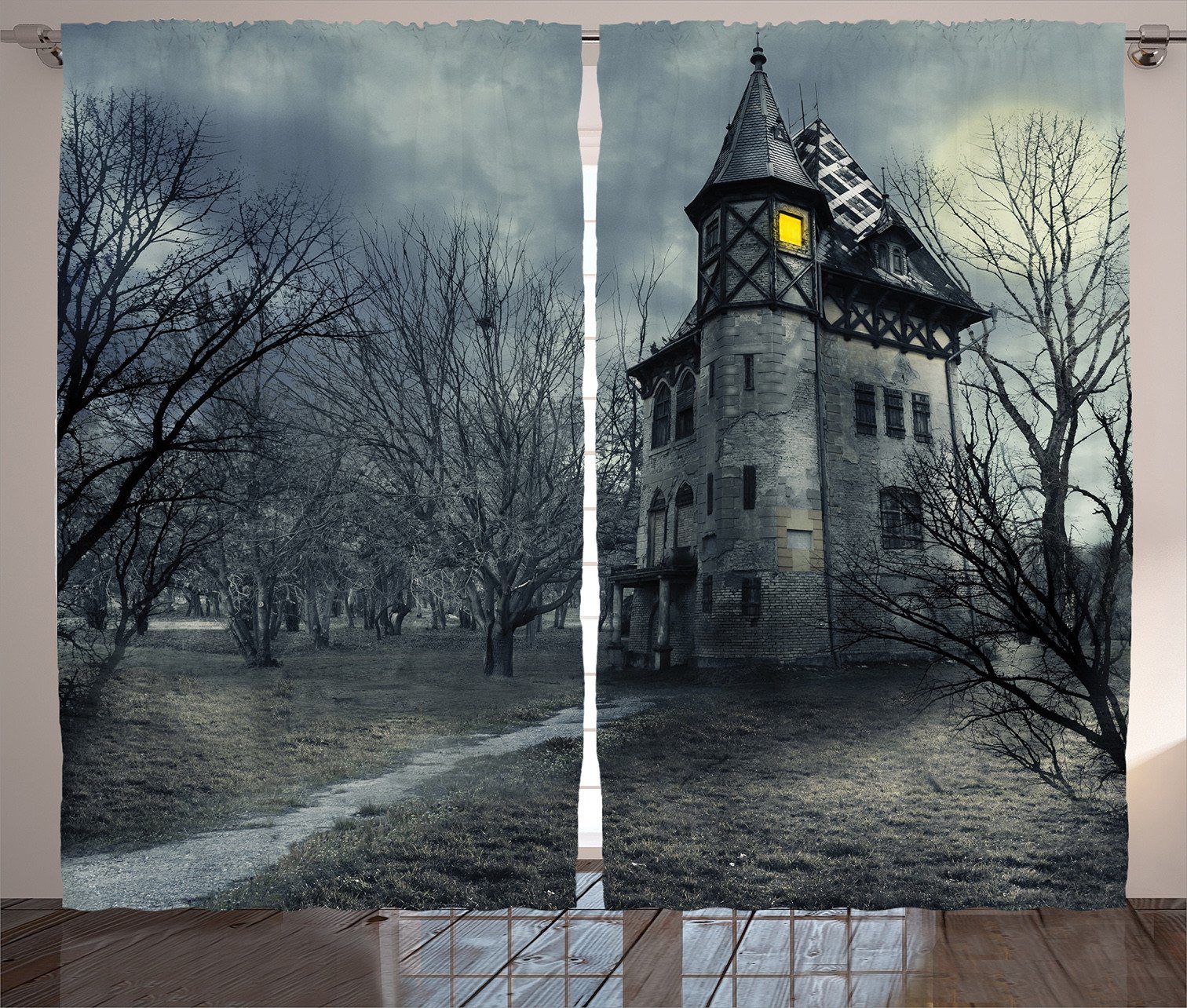 Gothic Abakuhaus, Vorhang Halloween mit Schlaufen Schlafzimmer Gardine Geisterhaus und Haken, Kräuselband