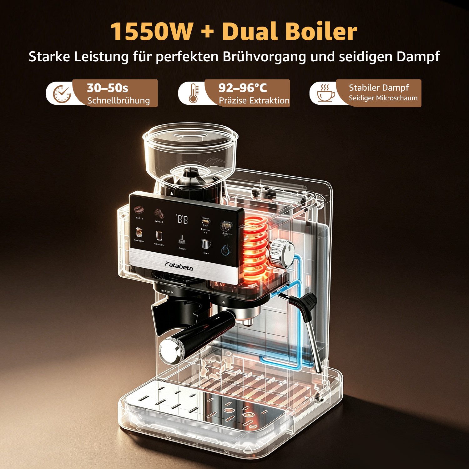 FATABETA Siebträgermaschine Espressomaschine 20 Bar Kaffeemaschine mit Mahlwerk bohnen & Milchaufschäumer, 30 Mahlgrade, Cold Brew, 1550W, Kapseladapter, für Zuhause