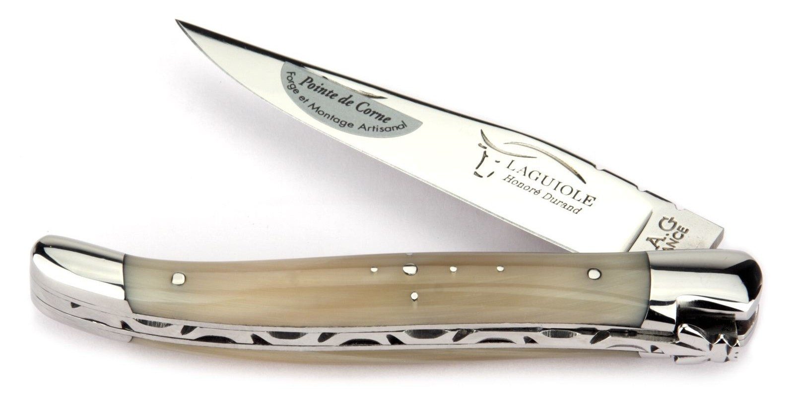 Laguiole Honoré Durand Taschenmesser 2LA111IB2AFT12PCO0 BLONDE, "Prestige" - Griff 11cm Hornspitze - Feder verziert - Stahl glänzend