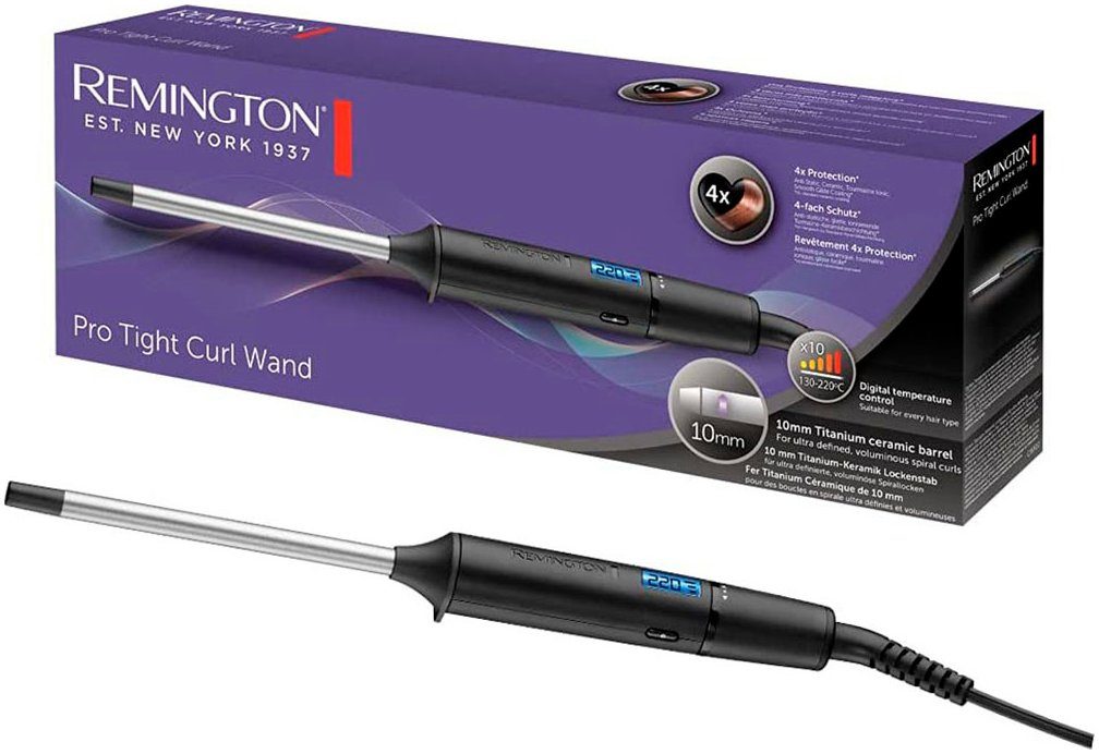 Remington Lockenstab Tight Curl Wand CI6X10, Keramik-Beschichtung, 10mm Mini Pro Digital (4-facher Schutz) LCD-Display 130-220°C