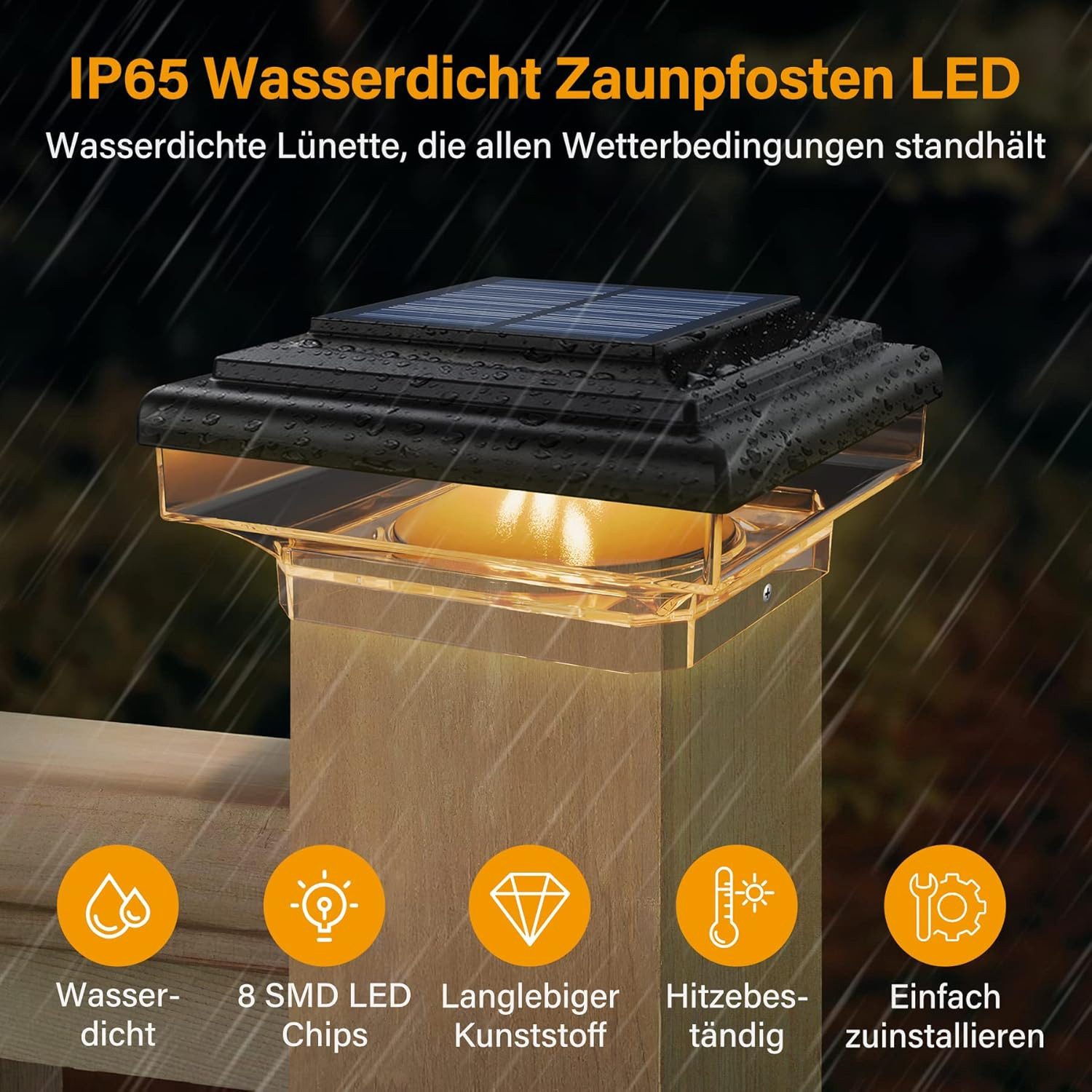 TUWENA Pfostenkappe 2 PCS Solar Pfostenkappen Licht Pfostenleuchte Außen Zaunpfosten Lampe (2 St), IP65 Wasserdicht für hölzerne Pfosten, Patio, Zaun beleuchtun – Bild 4 von 5