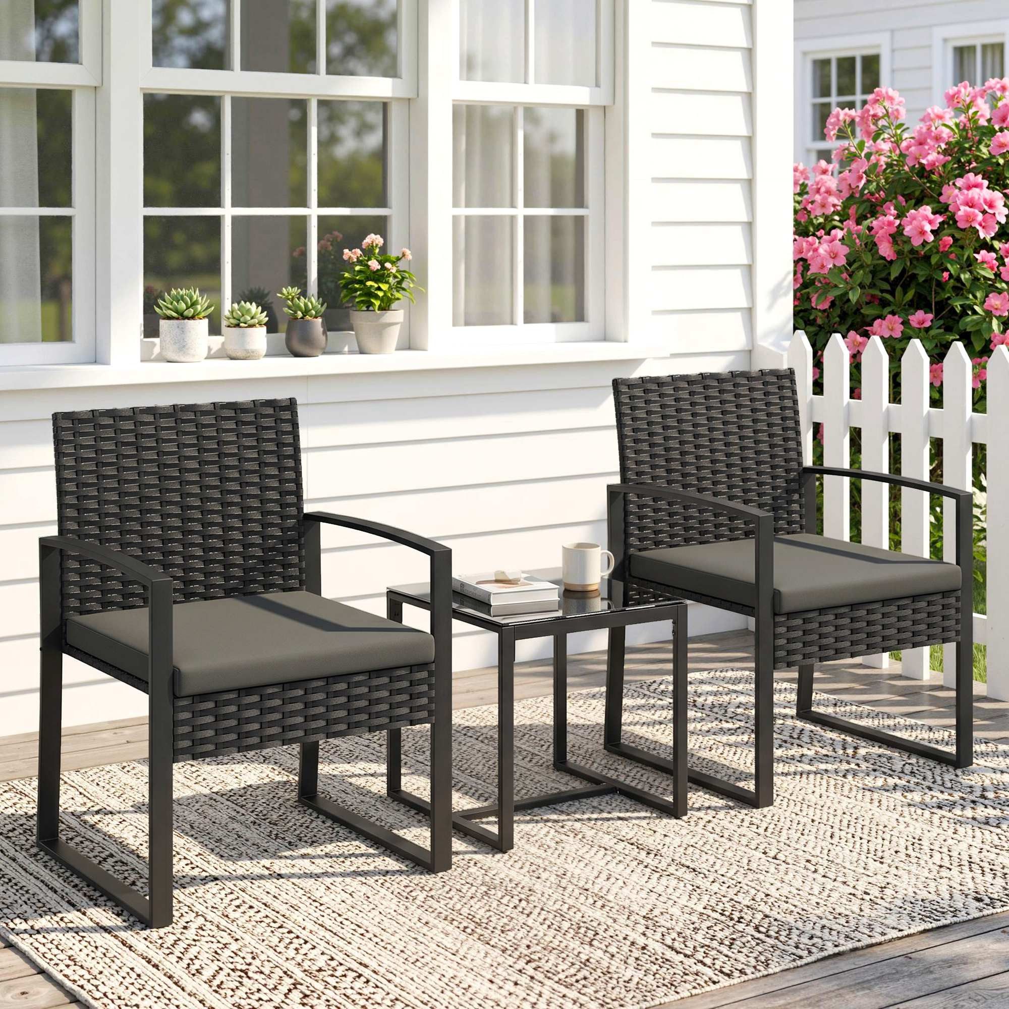 Outsunny Sitzgruppe Rattan Balkonmöbel-Set mit Couchtisch, abnehmbar Kissen, (Gartenmöbel-Set, 3-tlg., Bistroset), für Garten, Terrasse, Dunkelgrau