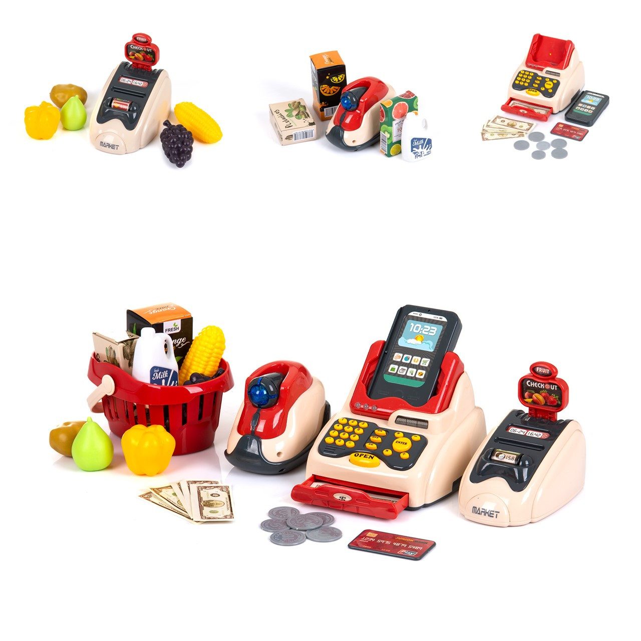 Chipolino Spiellebensmittel Spielzeug Registrierkasse, 24-teilig Scanner Kartenleser Obst Korb Geld