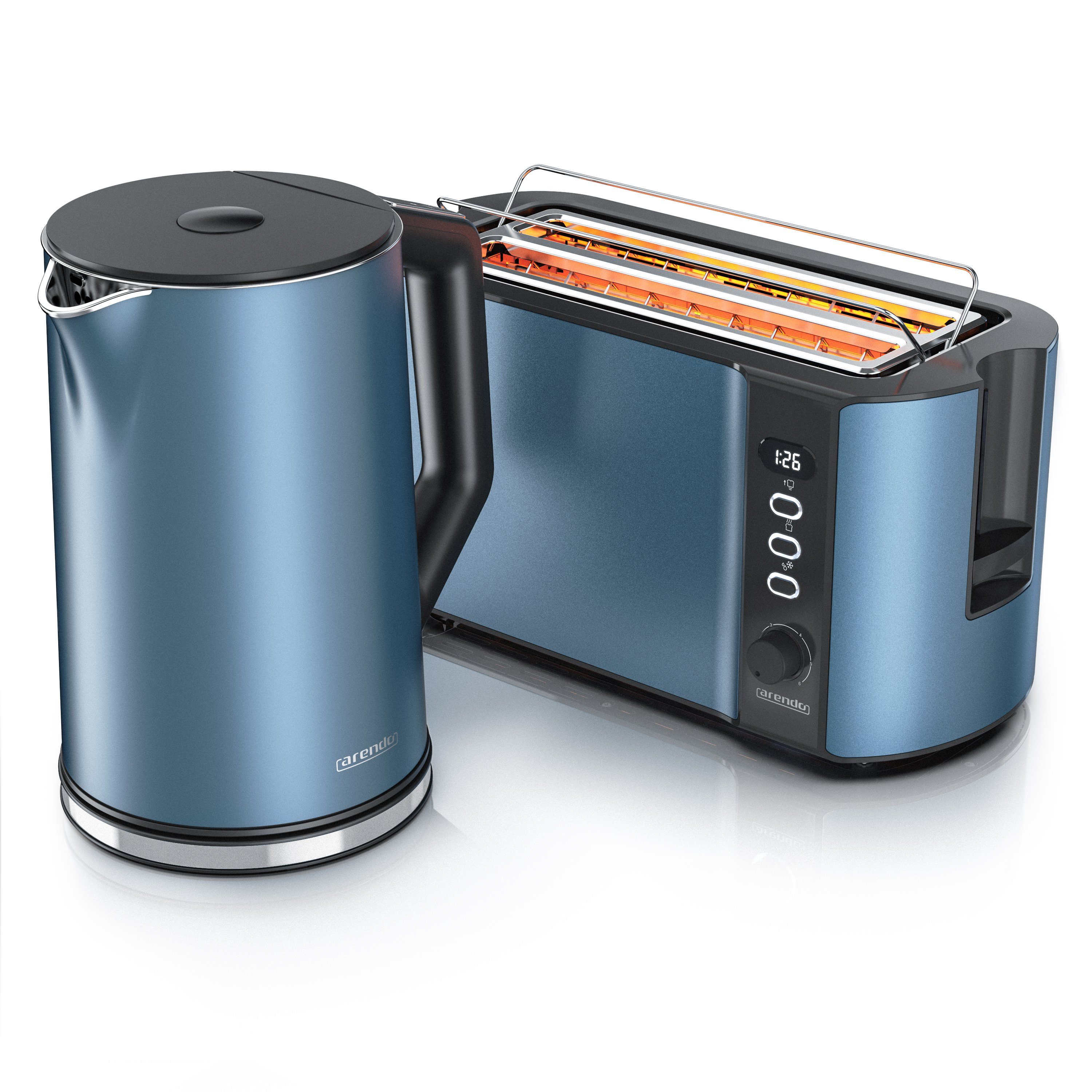 Arendo Frühstücks-Set Edelstahl Wasserkocher 1,5l, 4-Scheiben Langschlitz Toaster, Blau Matt (2-tlg), BPA-frei, GS-geprüfte Sicherheit, perfekt fürs Familienfrühstück