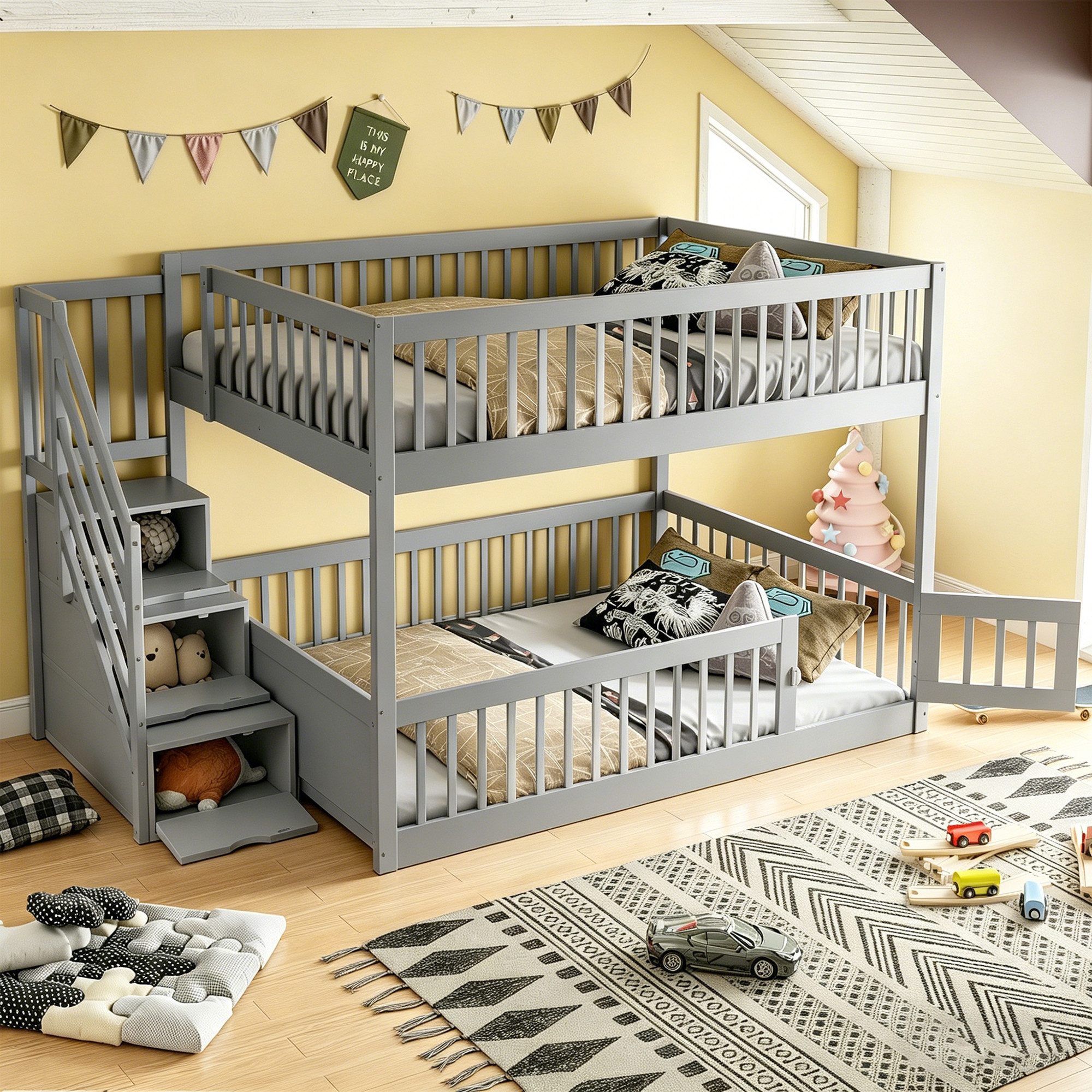 Flieks Etagenbett, Kinderbett 140x200cm mit Stauraumtreppe und oberem Lattenrost