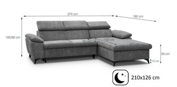 Beautysofa Polsterecke Colin, mit Schlaffunktion, Bettkasten, Ecke aus Velours, Polsterecksofa, mit verstellbaren Kopfstützen