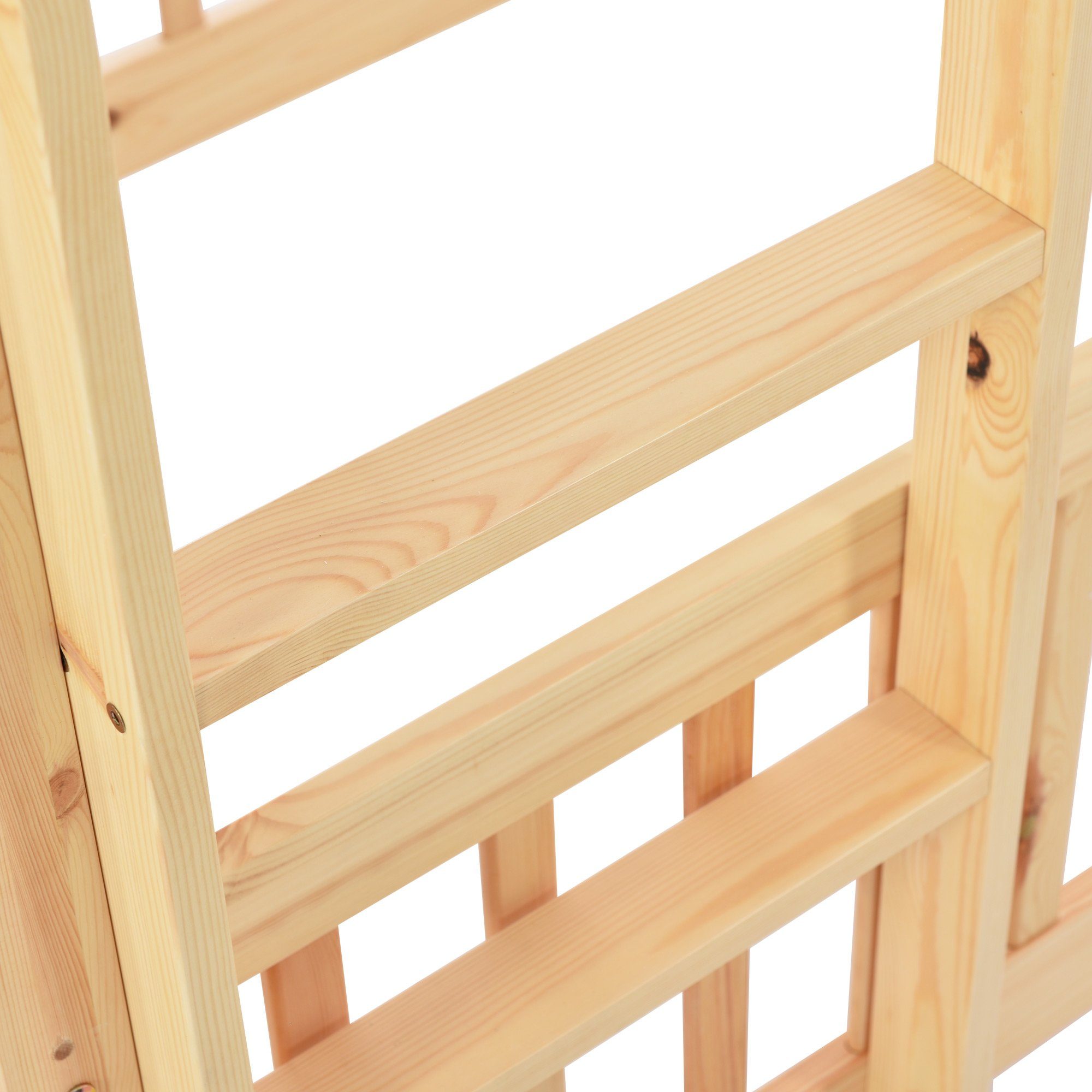 Etagenbett (Hochbett 90x200 cm mit Lattenrost und Rausfallschutz), Kinderbett mit Leiter, Zäune und Tür, aus massivem Kiefernholz