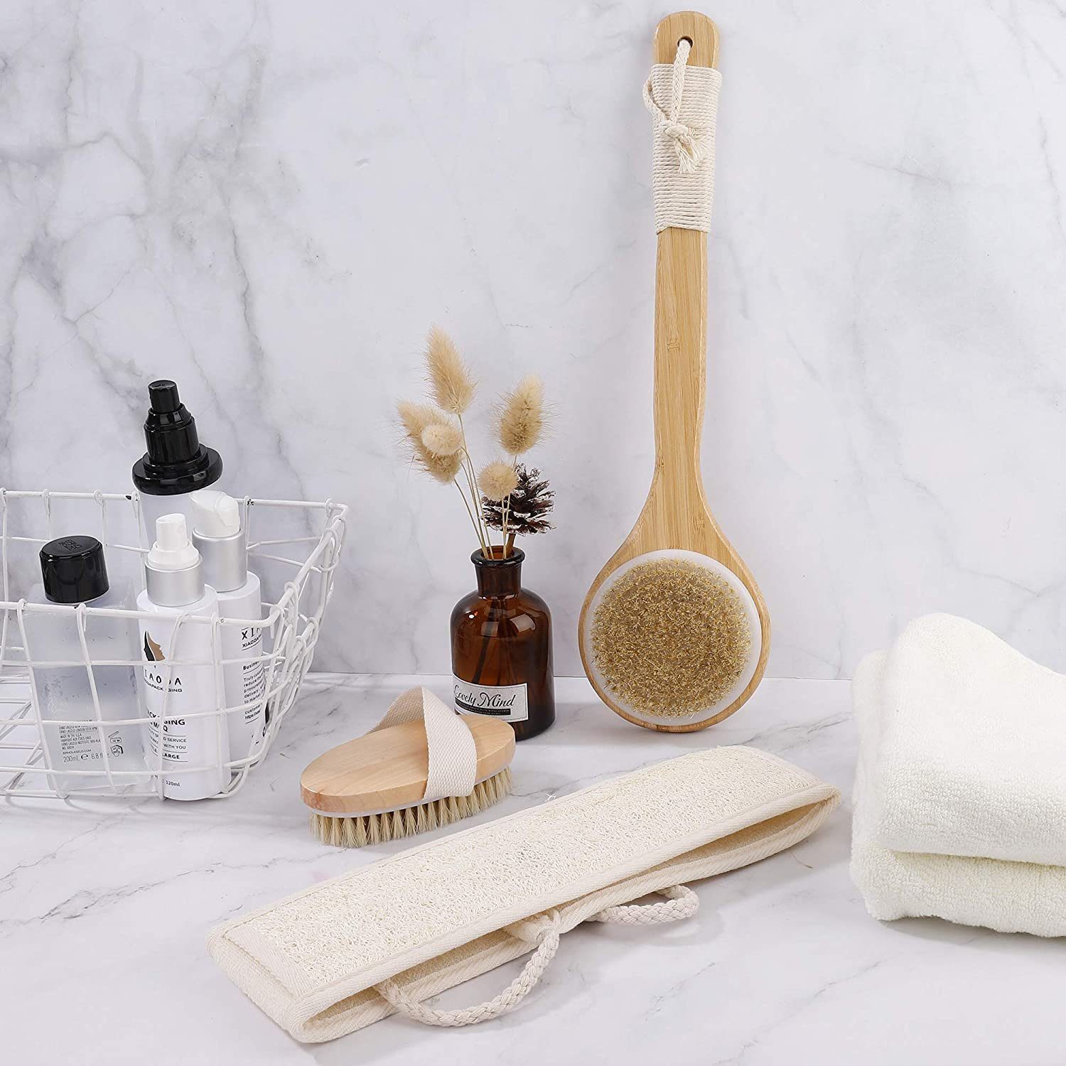 Dusch-Bürste Mit Kürbis-Luffa & Weichen Borsten – 40 Cm Griff Für Rückenpeeling & Massage