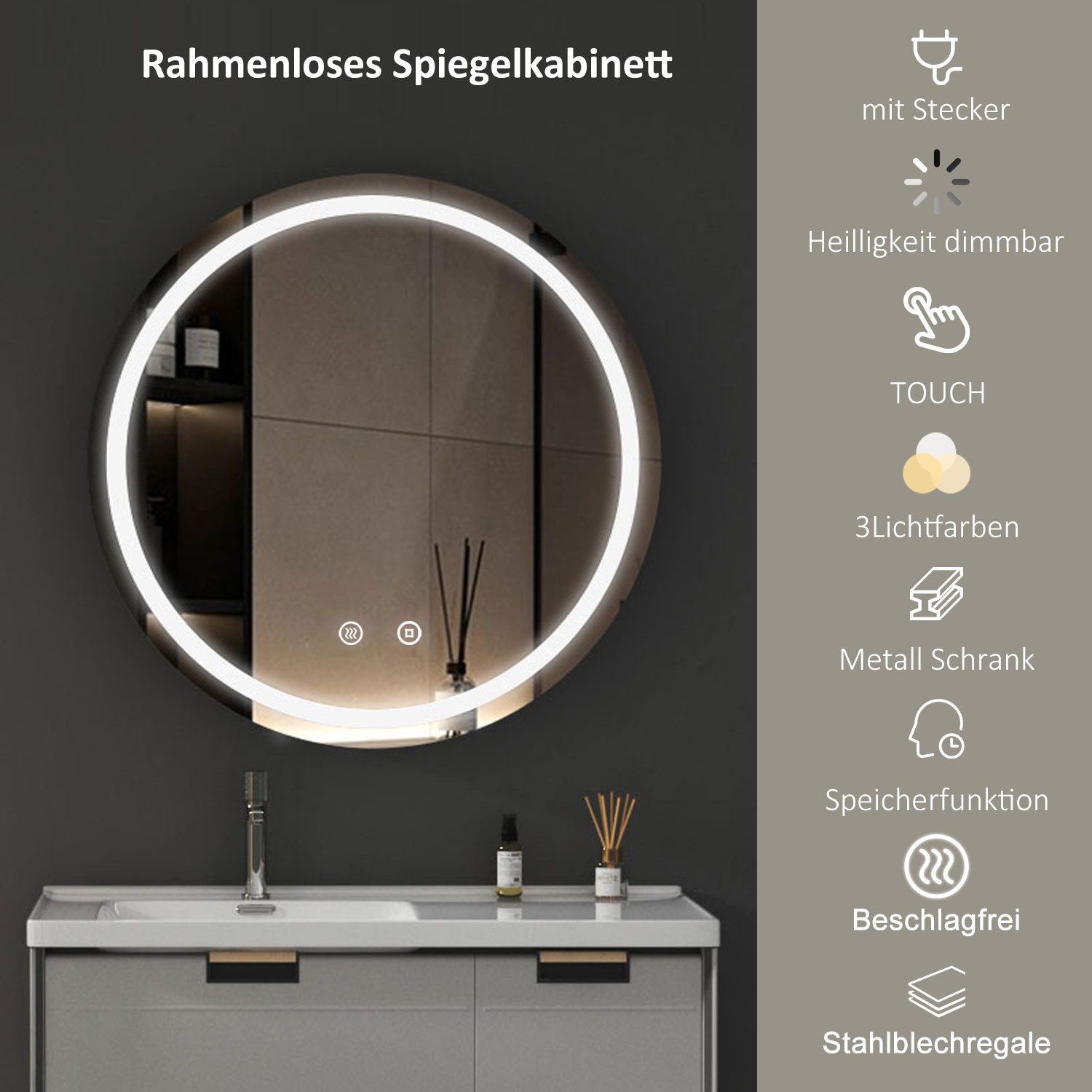 WDWRITTI Spiegelschrank Bad mit Beleuchtung Badezimmerspiegelschrank mit LED ∅80cm, ∅60cm (Wandschrank Badezimmer Rund 60x60cm 80x80cm, 3Lichtfarben, Dimmbar, Anti-fog, Speicherfunktion) Metall Schrank, Stahlblechregale, mit Netzadapter, IP44