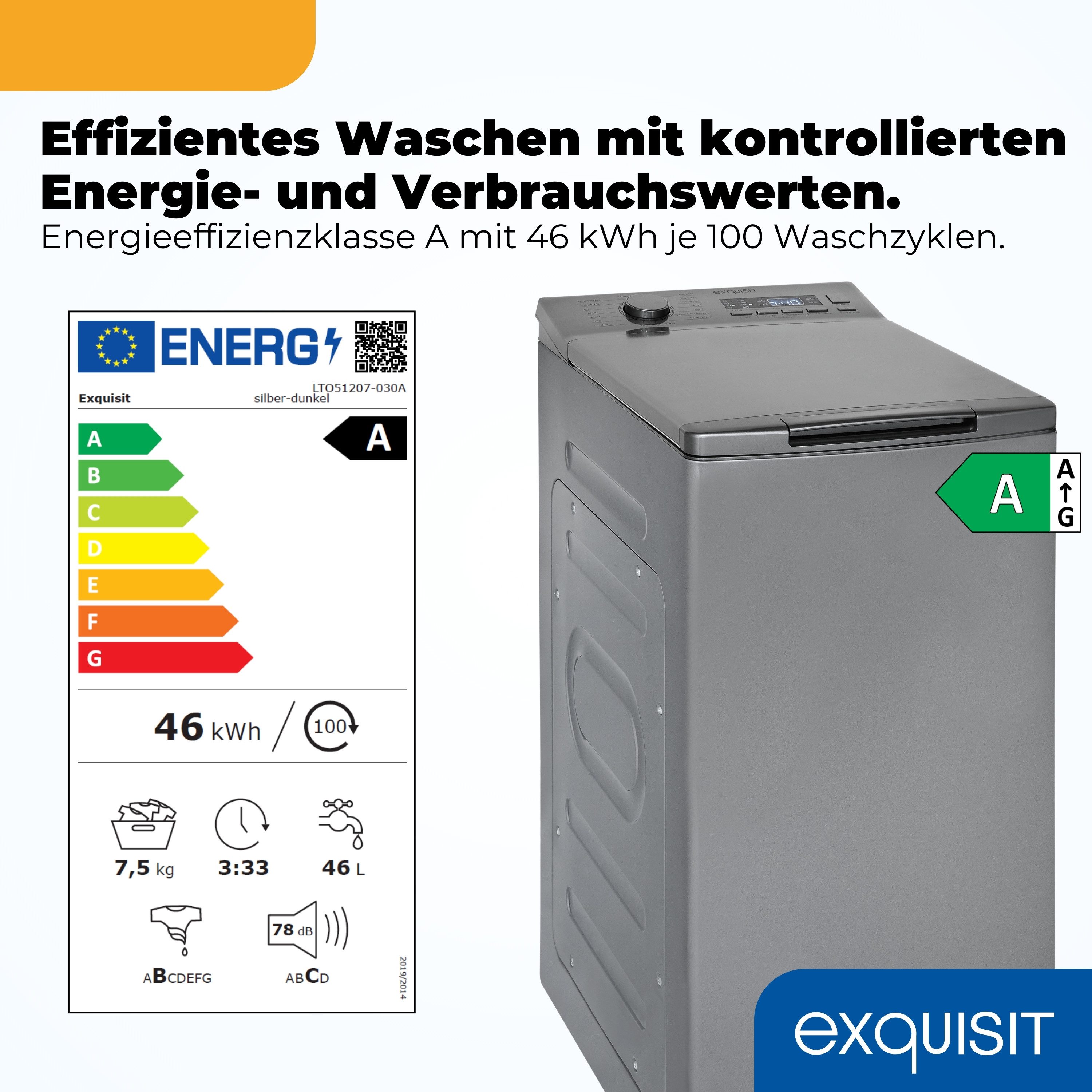 exquisit Waschmaschine Toplader LTO51207-030A, 7,5 kg, 1200 U/min, 7,5 kg, Startzeitvorwahl, Aquastop, Schmal, 15 Programme, Toplader – Bild 2 von 5