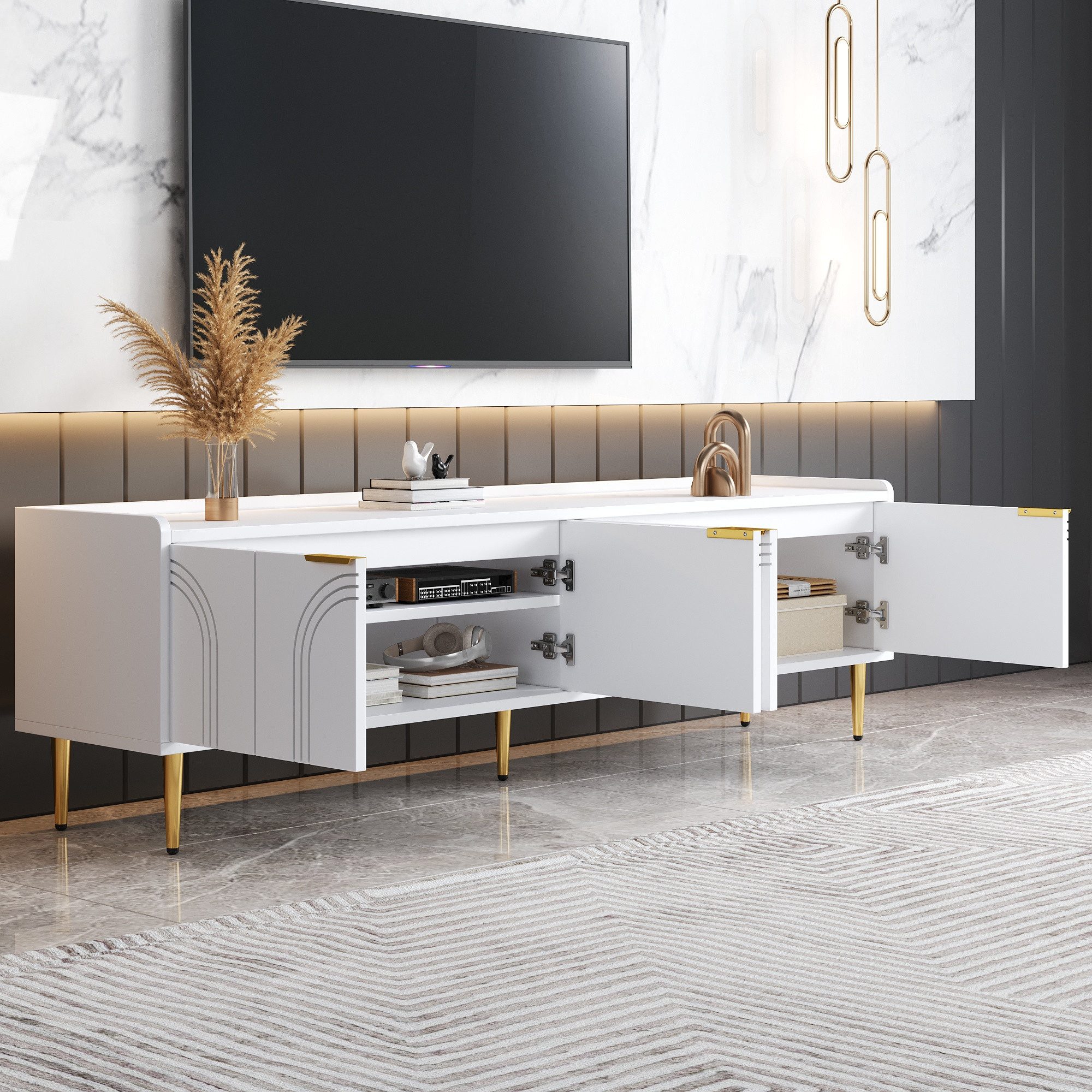 HAUSS SPOLE TV-Schrank aus MDF,Lowboard Fernsehschrank mit goldenen Griffen&goldenen Füßen