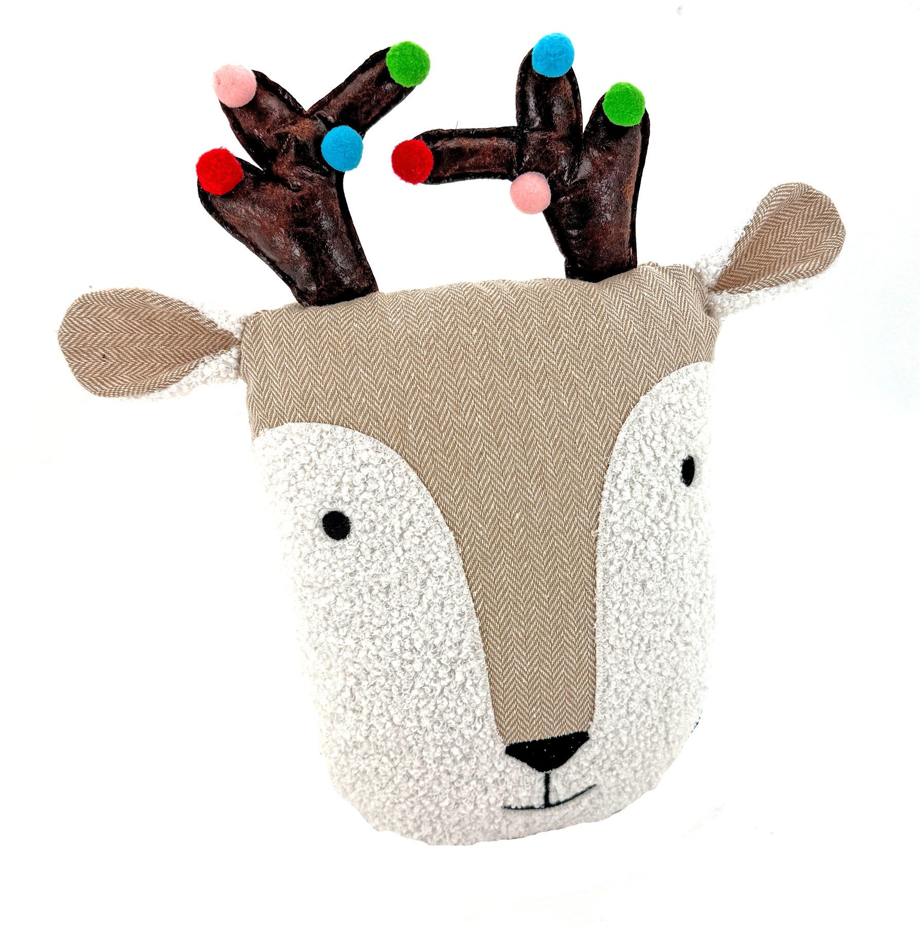 heimtexland Dekokissen Deko Kuschelkissen Weihnachten Weihnachtskissen, Rentier I Geweih I Pompoms bunt I Kinderzimmer I 45 cm