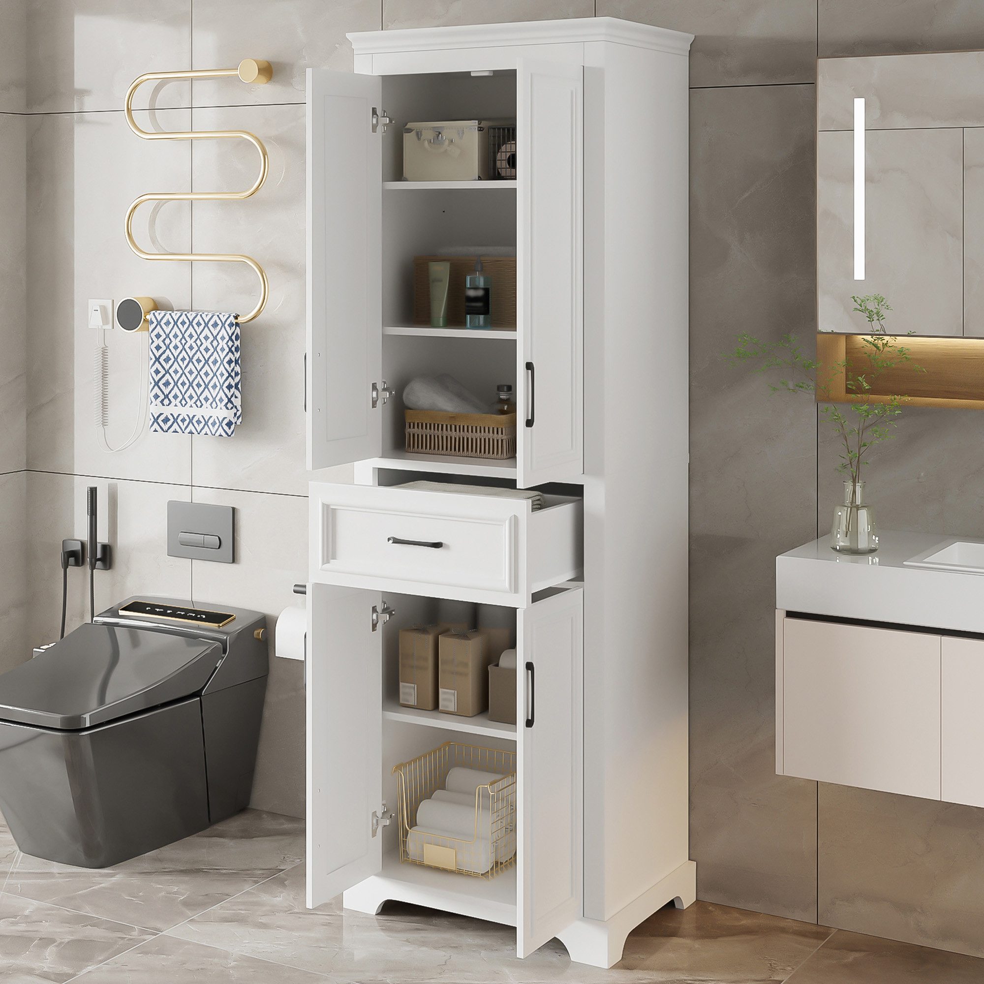 Flieks Badkommode Badezimmerschrank mit Schubladen und verstellbaren Einlegeböden (60x40x180 cm, 1 St), Hochschrank Mehrzweckschrank mit Soft-Close-Funktion Weiß