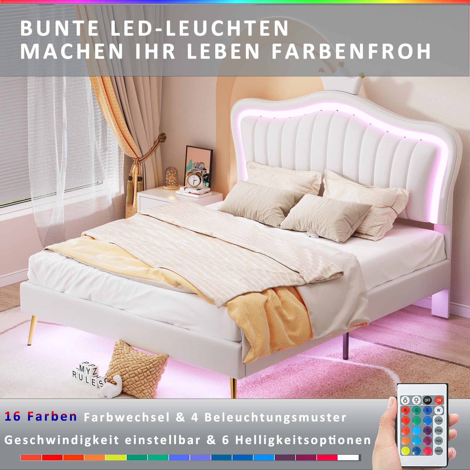 Beleuchtung Flieks Polsterbett, weiß LED Kunstleder 140x200cm Krone Doppelbett