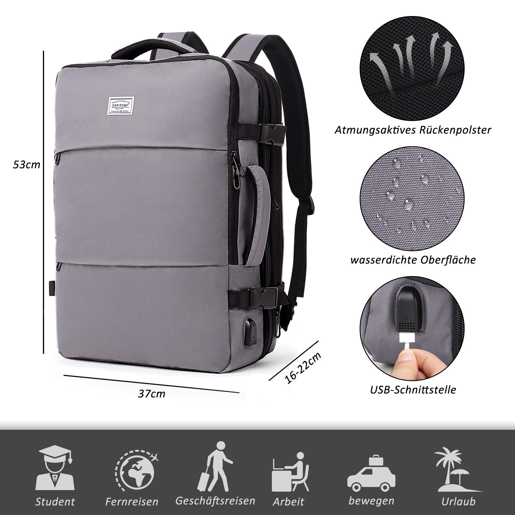 TAN.TOMI Reiserucksack 50L Reiserucksack Herren, Flugzeug Handgepäck Rucksack USB-Ladean, 17 Zoll Laptop Rucksack für Arbeit Schule Reise, Casual Daypack