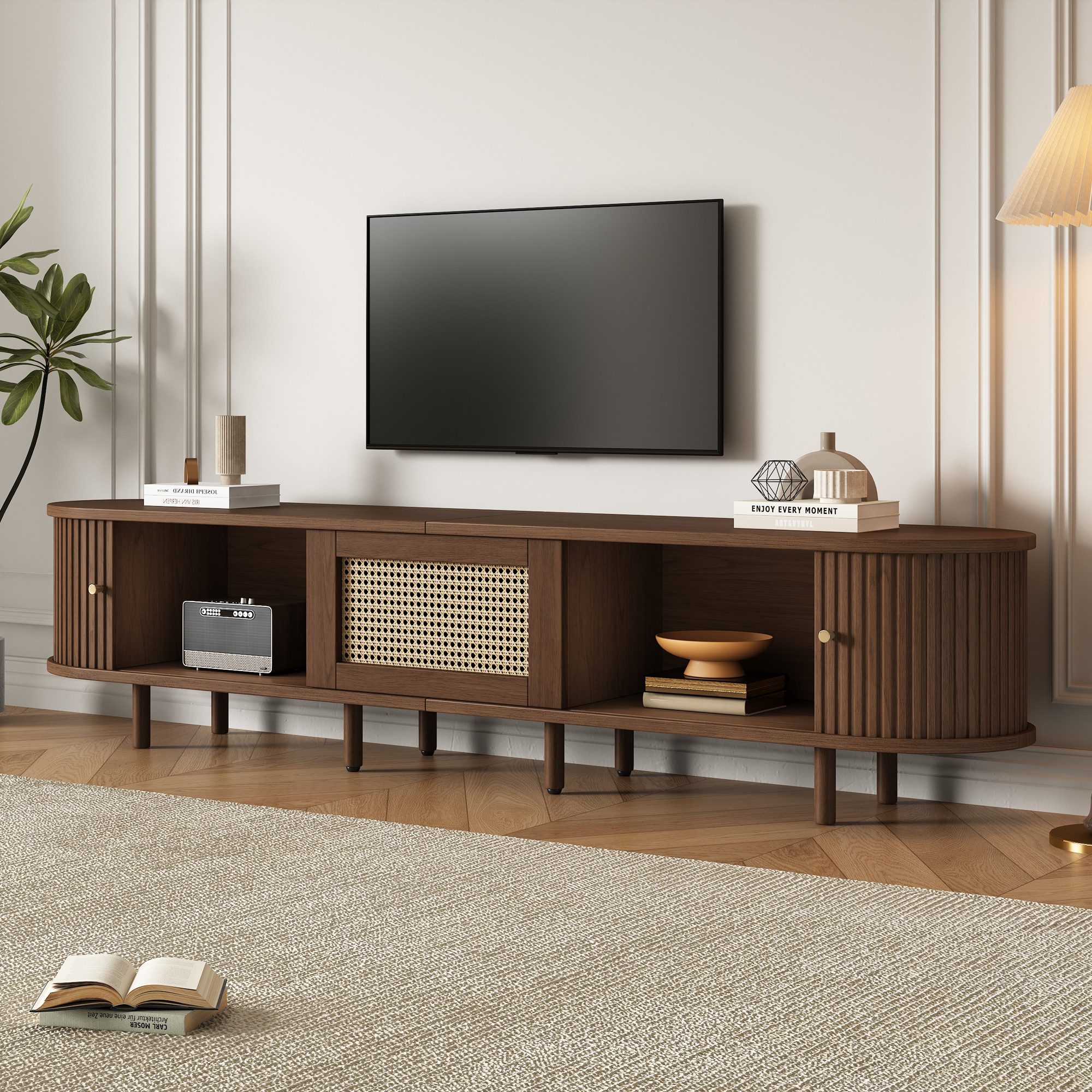 MODFU Lowboard Rattan-Elemente (Fernsehschrank, Fernsehtisch,TV-Board,TV-Ständer, Wohnzimmermöbel, 1 St., 2 Schiebetür, 1 Schublade), Rattan-Design, mit verstellbare Füße