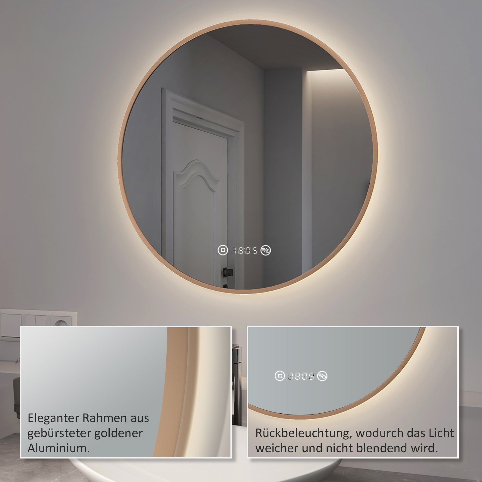 EMKE Badspiegel EMKE LED Gold, Touch, mit Memory-Funktion Badspiegel Antibeschlage, Temperatur, Dimmbar, mit Rund Spiegel Beleuchtung Uhr