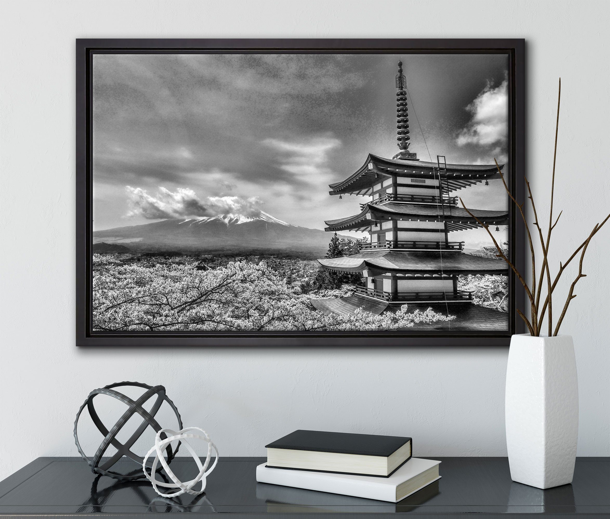inkl. in Japanisches Gebäude, Wanddekoration Zackenaufhänger fertig gefasst, bespannt, Schattenfugen-Bilderrahmen (1 einem Leinwandbild Pixxprint St), Leinwandbild