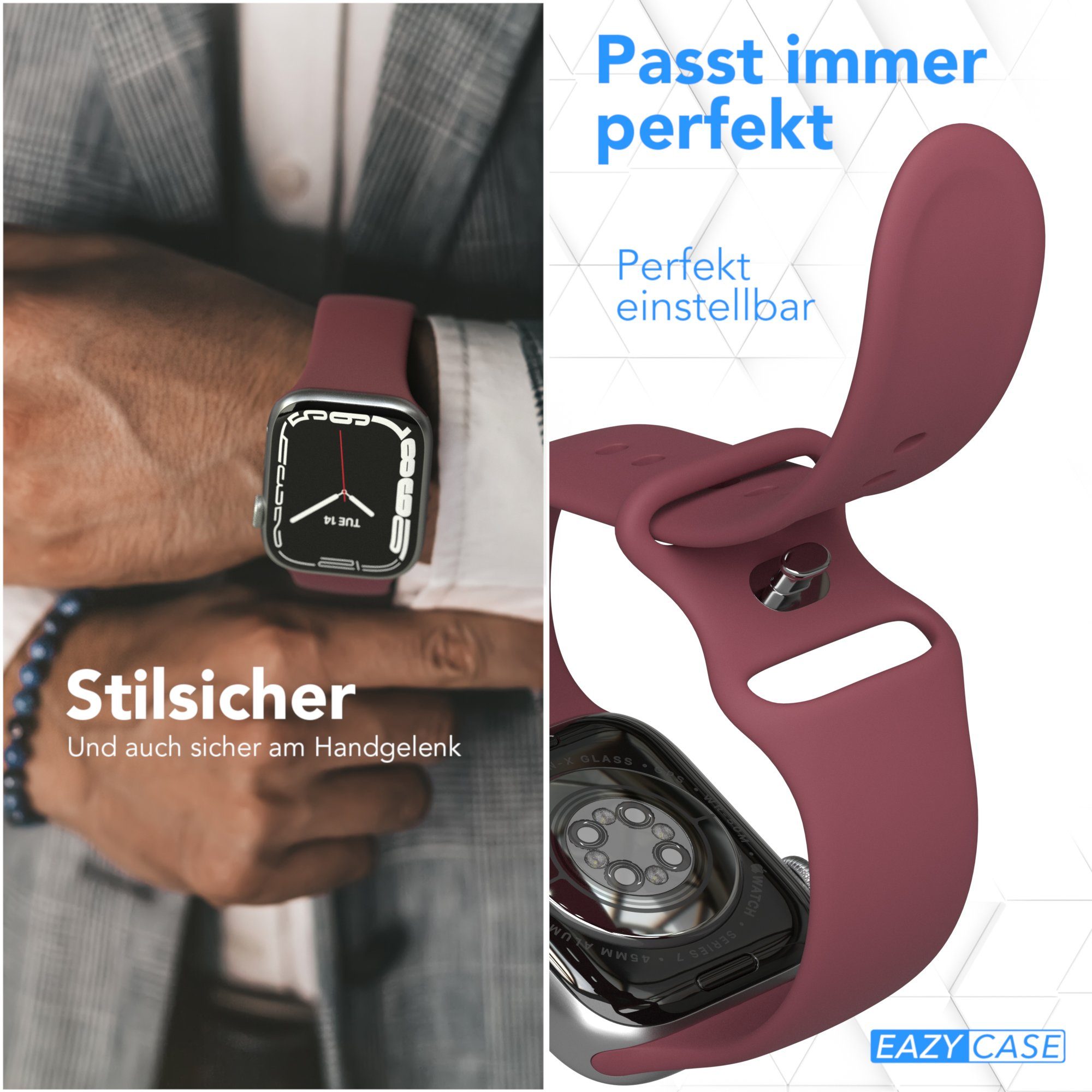 EAZY CASE Uhrenarmband Silicon Armband iWatch 11 10 9 8 7 6 5 4 3 2 SE Ultra, verstellbares Silikon Armband 44-49 mm Sportband flexibel Dunkelrot