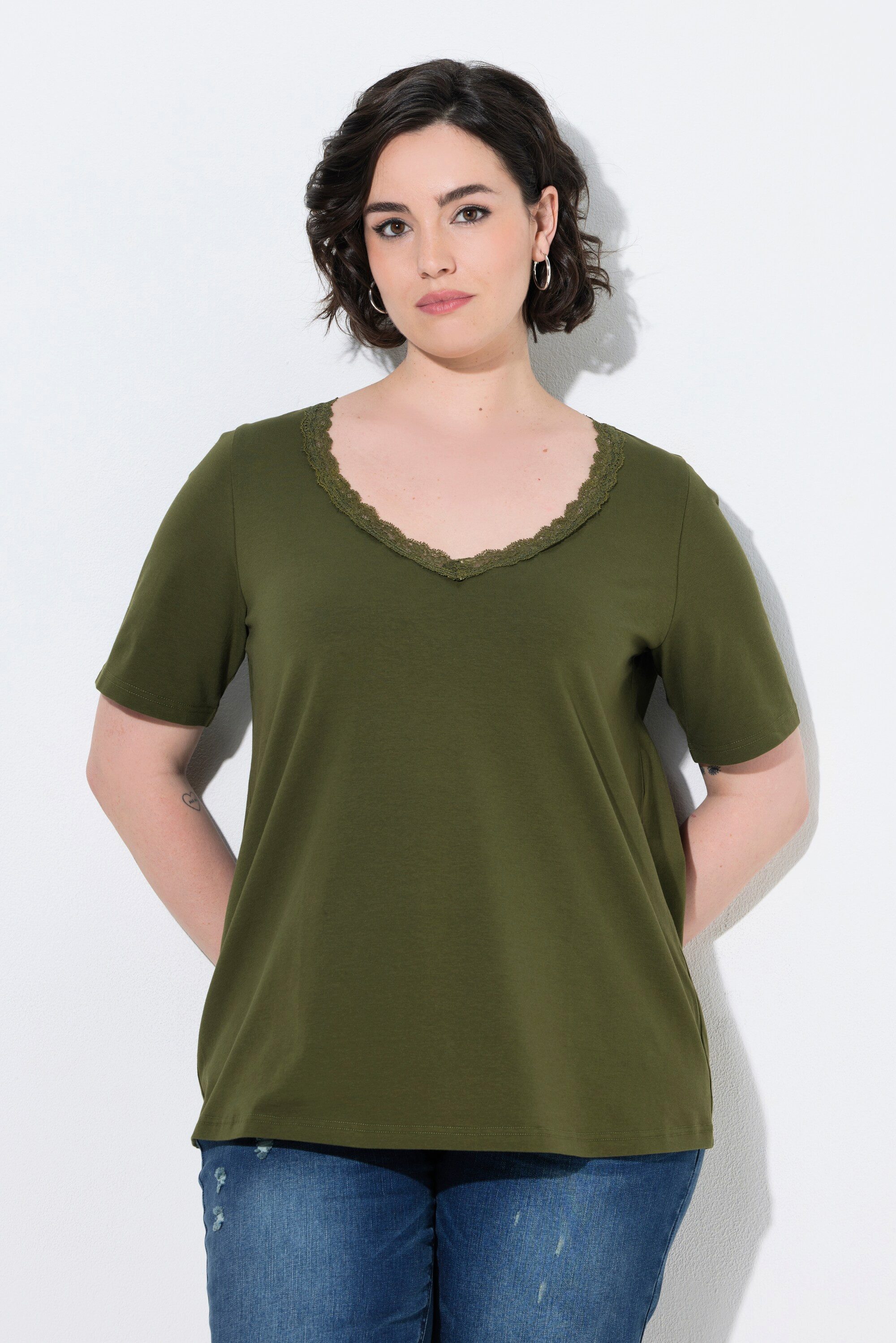 Ulla Popken T-Shirt T-Shirt Spitze Classic V-Ausschnitt Halbarm