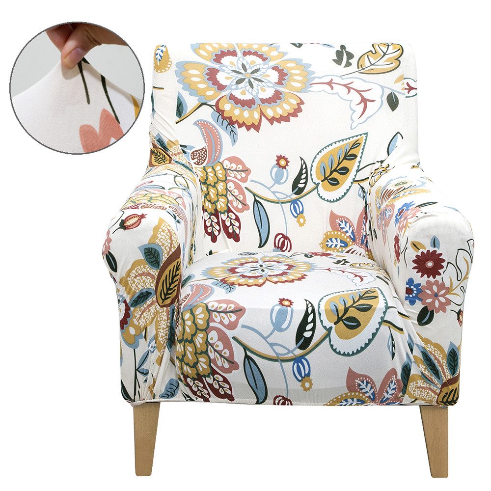 Rosnek Sofahusse Sofabezug 1 Sitzer Sesselhusse Sofaüberzug Elastisch Universal, Rutschfest Gummiband Spandex Blume-Blatt-Muster Weiß