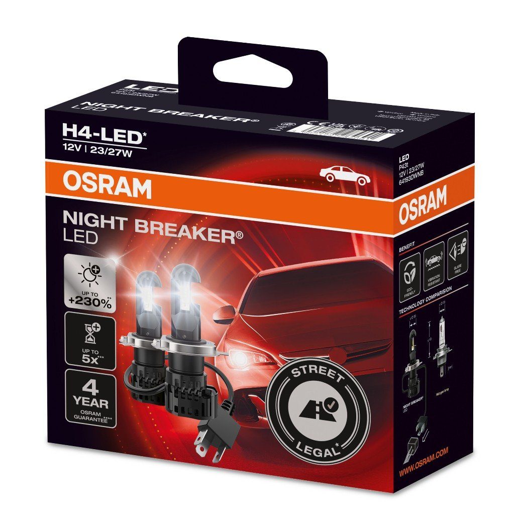 KFZ-Ersatzleuchte H4 NIGHT BREAKER LED LED-Nachrüstlampe 230% mehr Helligkeit