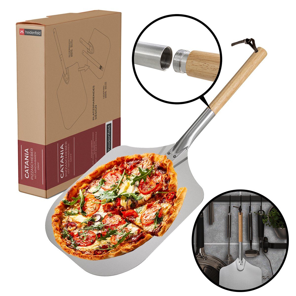 Heidenfeld Pizzaschieber Alu Pizzaschieber Pizzawender Catania inkl. abnehmbarer Holzgriff, (Schieber für Pizzastein, 1 tlg., große Fläche - 20 cm Holzgriff abnehmbar), 30.5 x 30.5cm - Pizza Ofen Back Zubehör - Pizzaschaufel